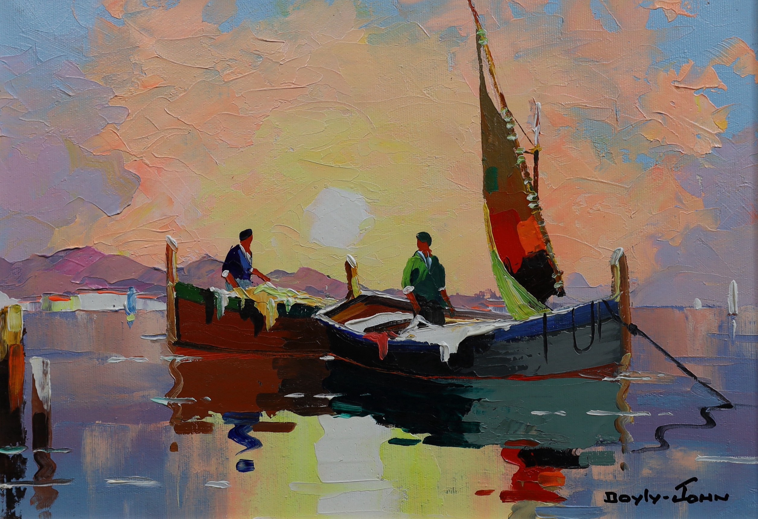 Cecil Rochfort D'Oyly-John (British, 1906-1993), 'Dawn Fishermen of French coast at St Tropez, French Riviera', oil on canvas, 25 x 35cm                                                                                    