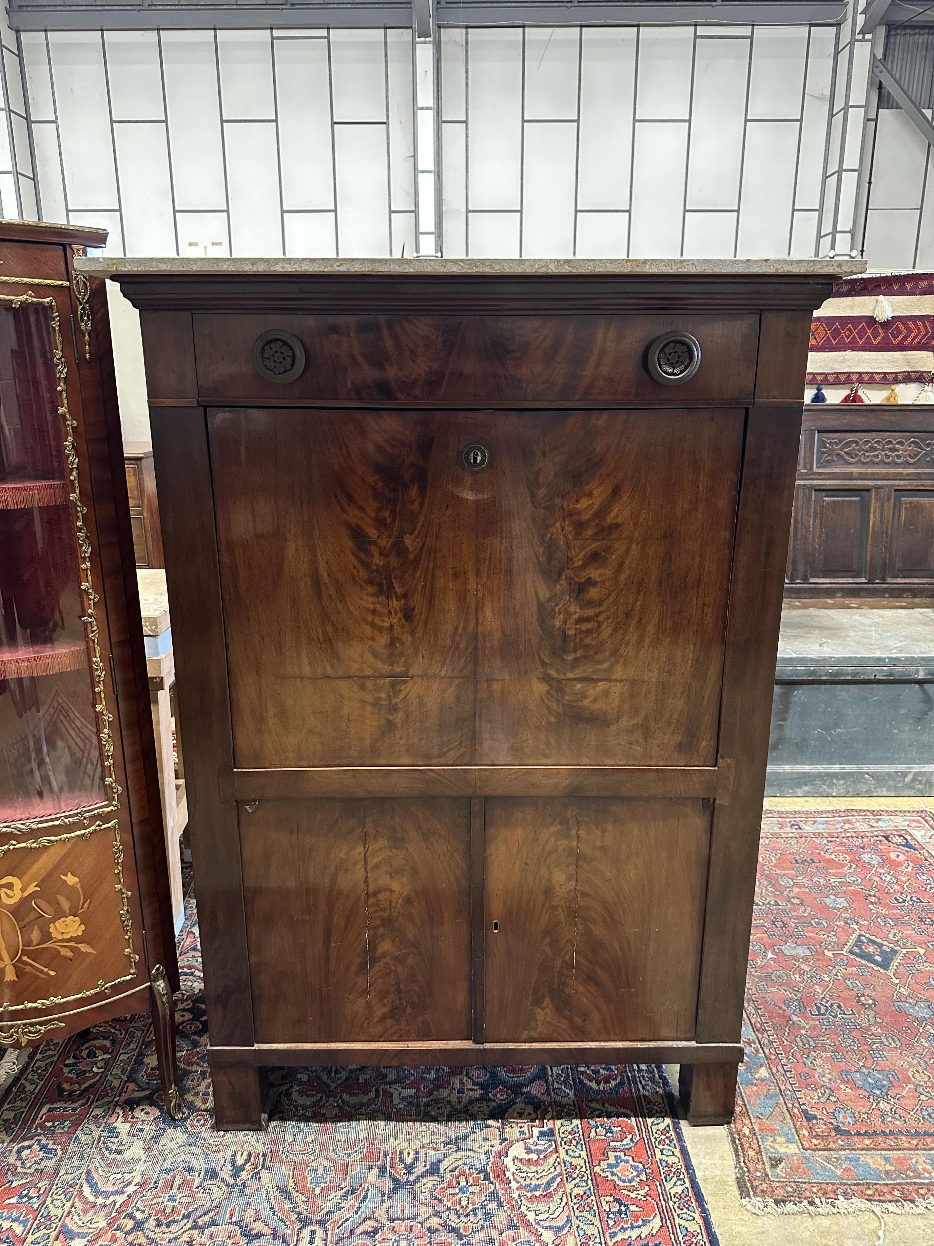 A 19th century French marble topped mahogany secretaire à abbatant, width 108cm, depth 50cm, height 152cm. Condition - fair                                                                                                 