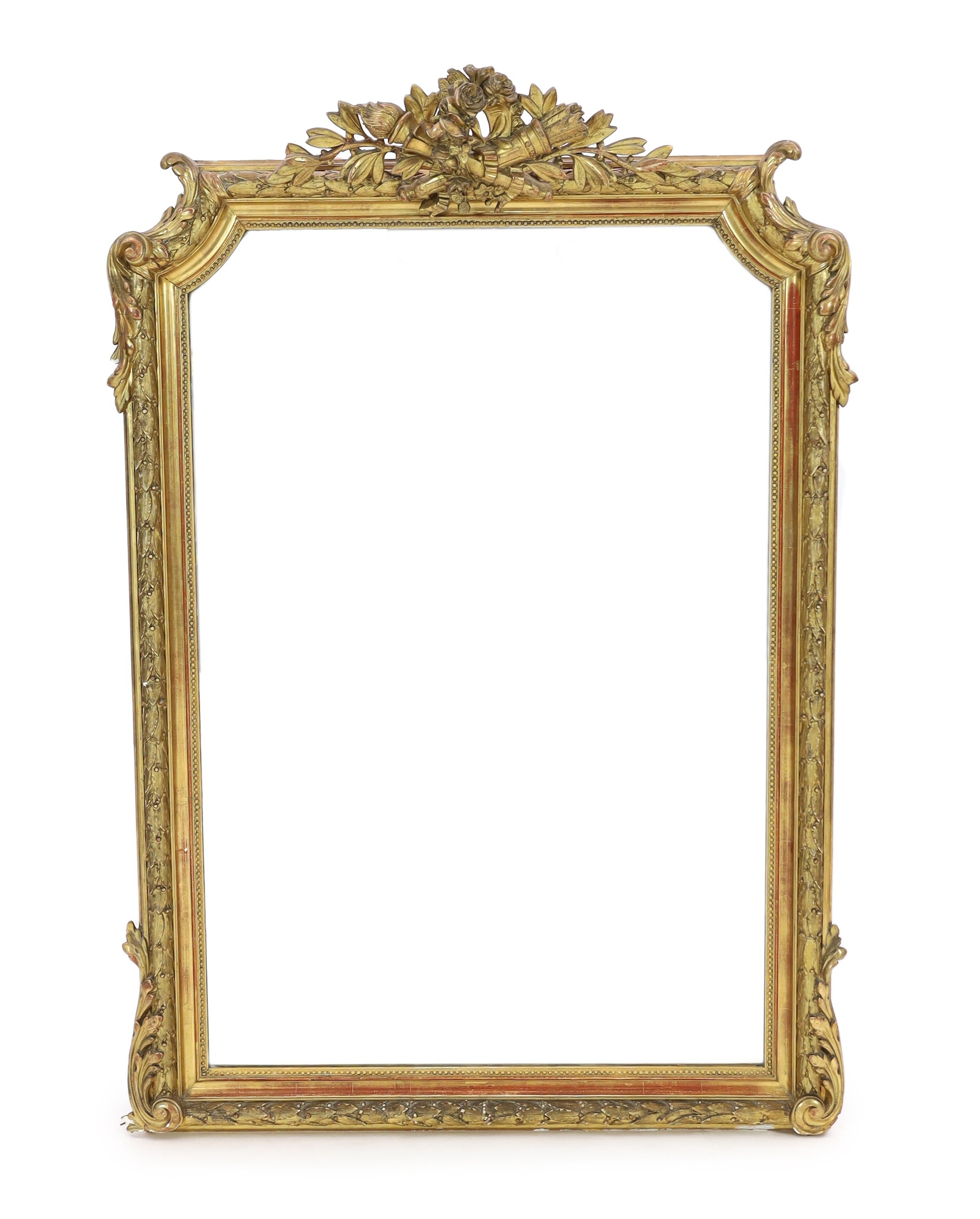 A late 19th century French giltwood and gesso overmantel mirror, width 105cm, height 149cm                                                                                                                                  