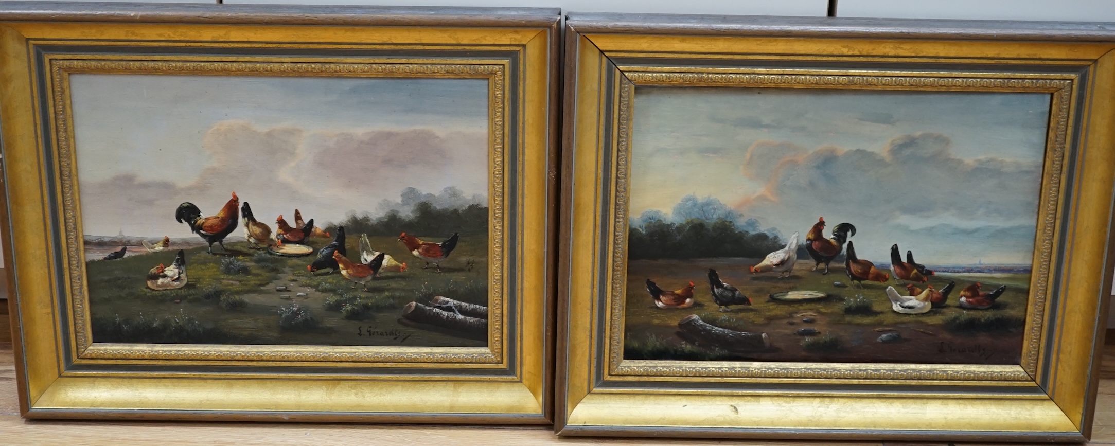 L. Gerardts (Dutch), pair of oils on canvas, Chickens before landscapes, signed, 24 x 34cm. Condition - fair to good                                                                                                        