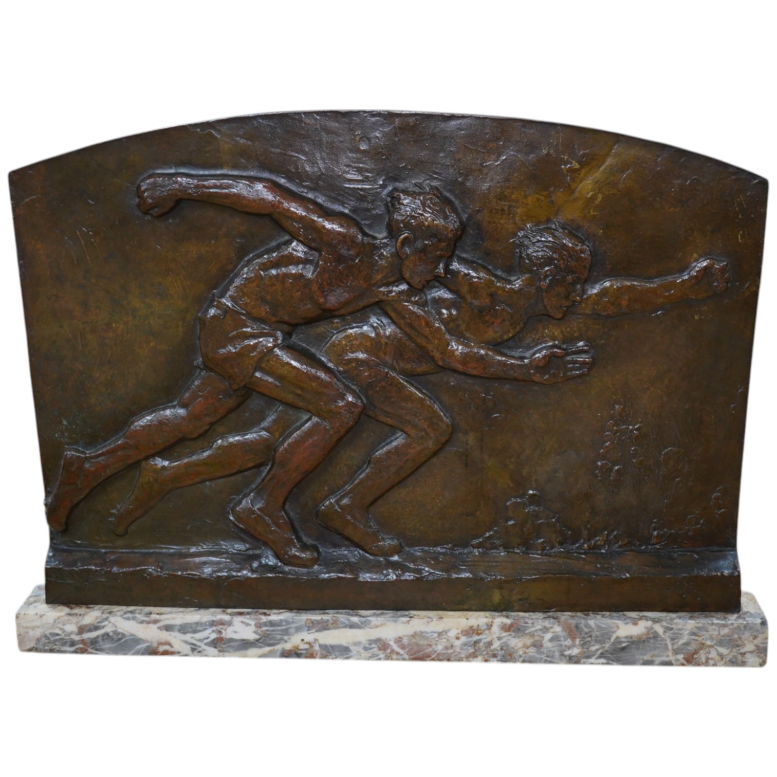 Édouard Fraisse (1880 – 1945), a bronze plaque on marble stand, ‘Le Départ Du 100 Mètres’, 46 x 63cm. Condition - good                                                                                                      