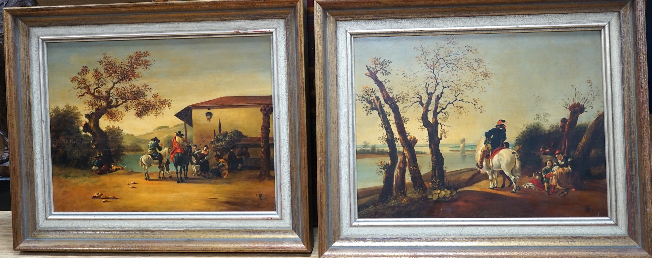 Dutch school, pair of oils on board, landscapes with figures on horseback, monogrammed ME, 24 x 32cm. Condition - fair                                                                                                      