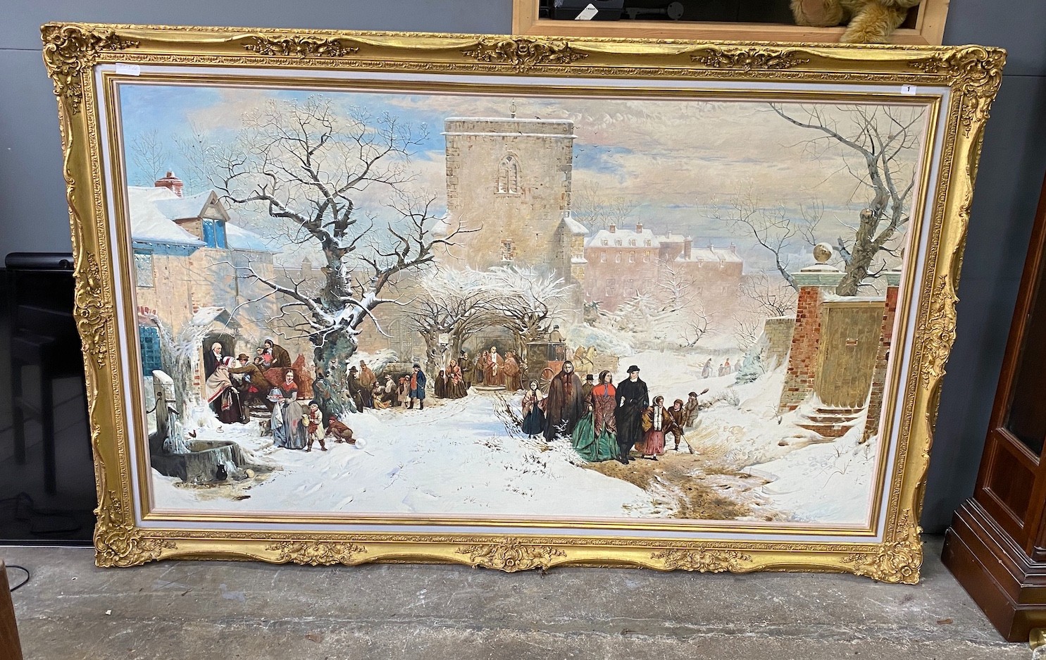 A large Victorian style oil on canvas depicting a church gathering, gilt framed, canvas width 176cm, height 101cm                                                                                                           
