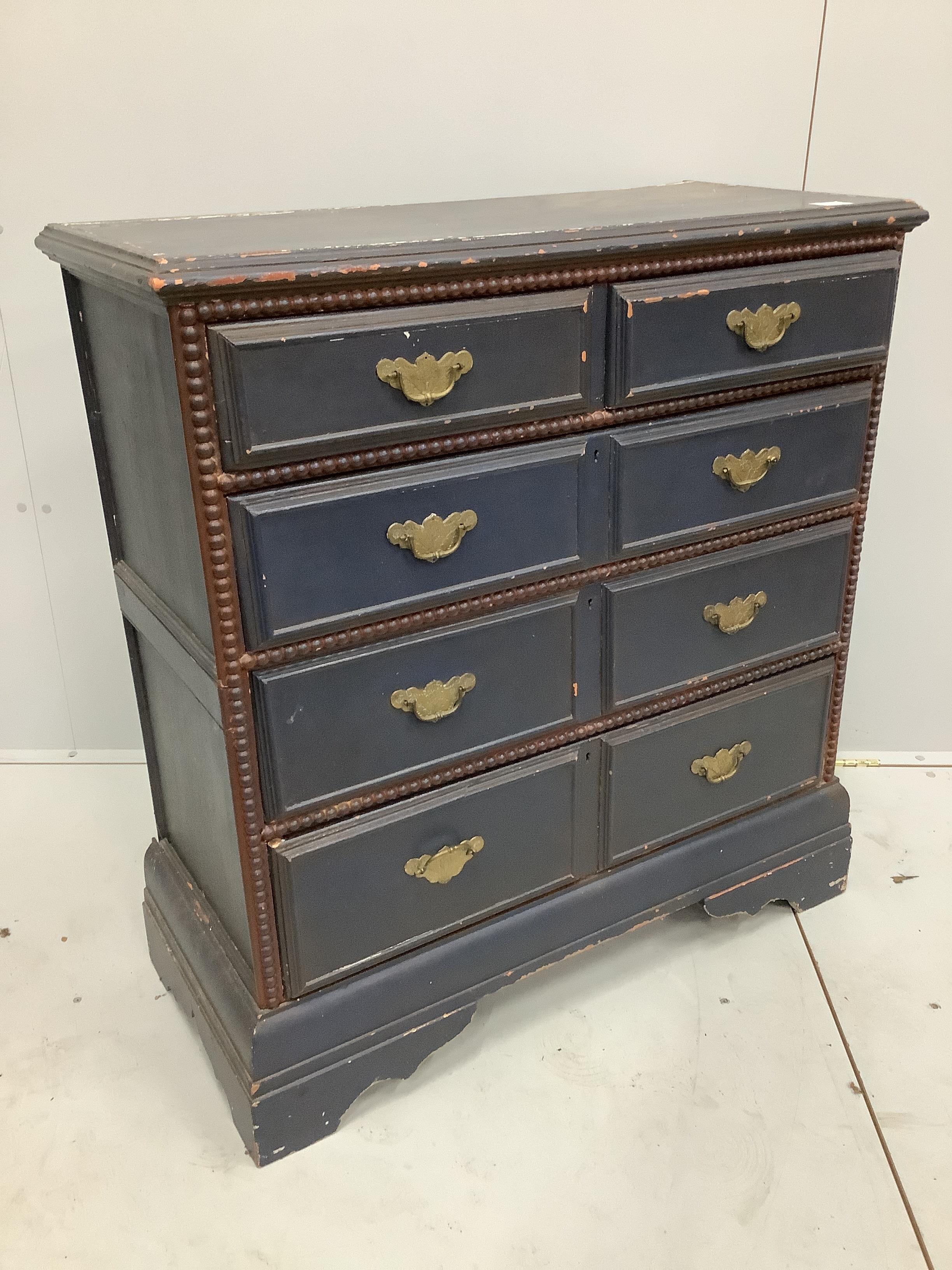 A George III style blue painted pine chest of drawers, width 92cm, depth 43cm, height 99cm                                                                                                                                  