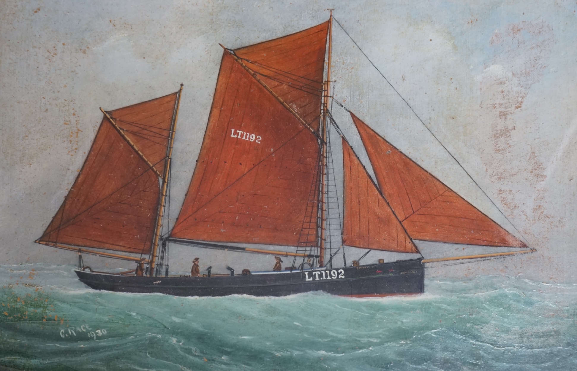 George Race (1872-1957), oil on board, ‘Lowestoft Trawler’, signed and dated 1930, together with a similar maritime interest oil on board, largest 39 x 54cm. Condition - poor                                              