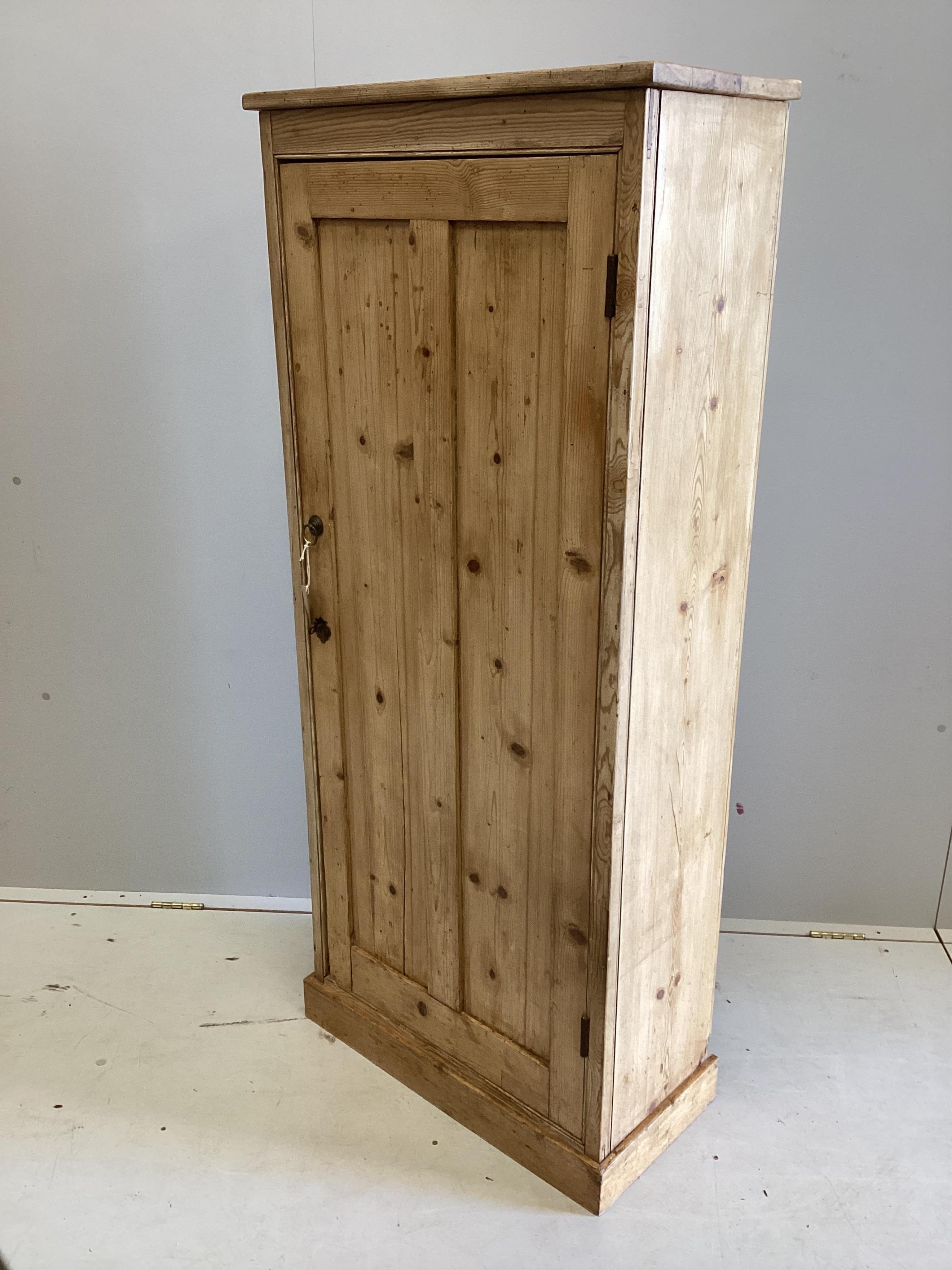 A Victorian pine hall cupboard, width 65cm, depth 31cm, height 152cm. Condition - fair                                                                                                                                      