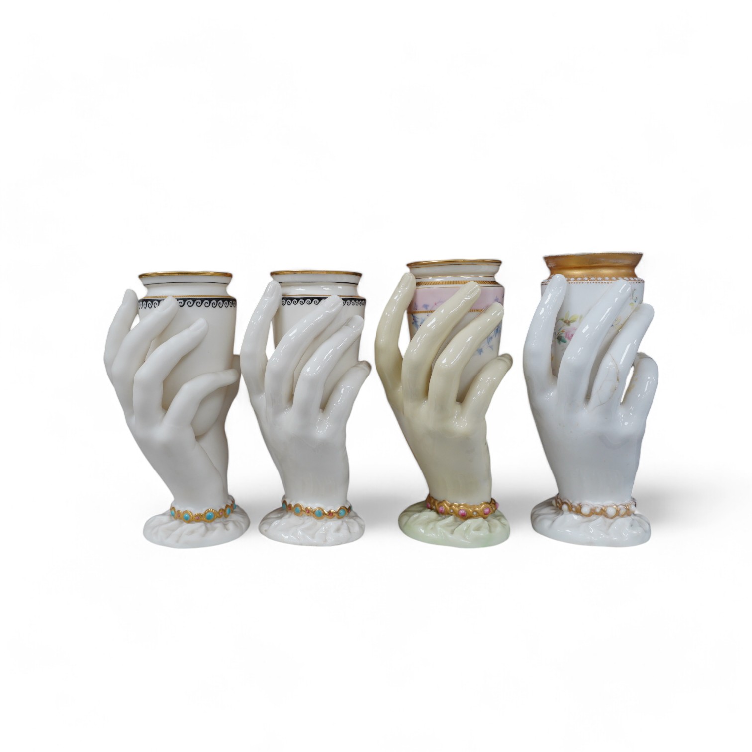 A pair and two other Worcester ‘Harley’s hand’ vases, 15cm. Condition - fair to good, singular rose decorated vase has restored area to upper rim                                                                           