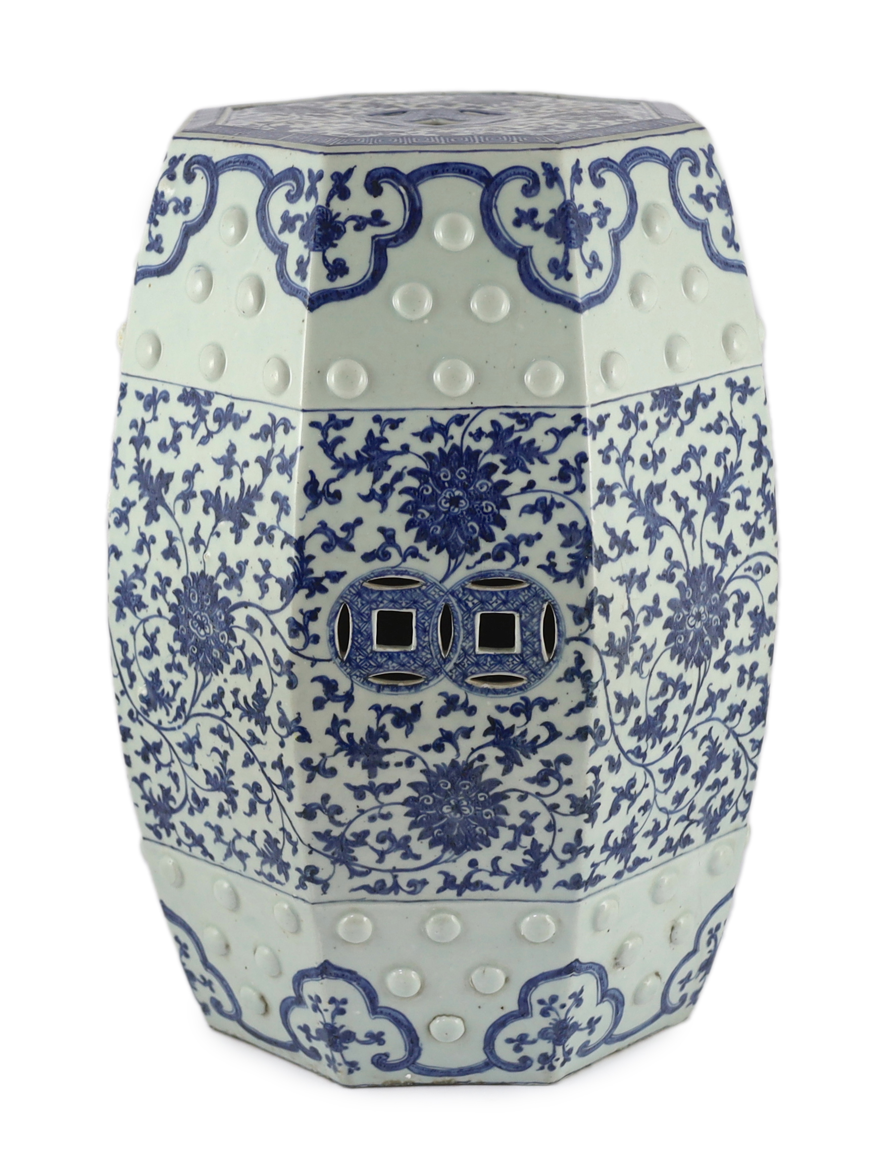 A Chinese blue and white octagonal garden seat, 18th/19th century                                                                                                                                                           