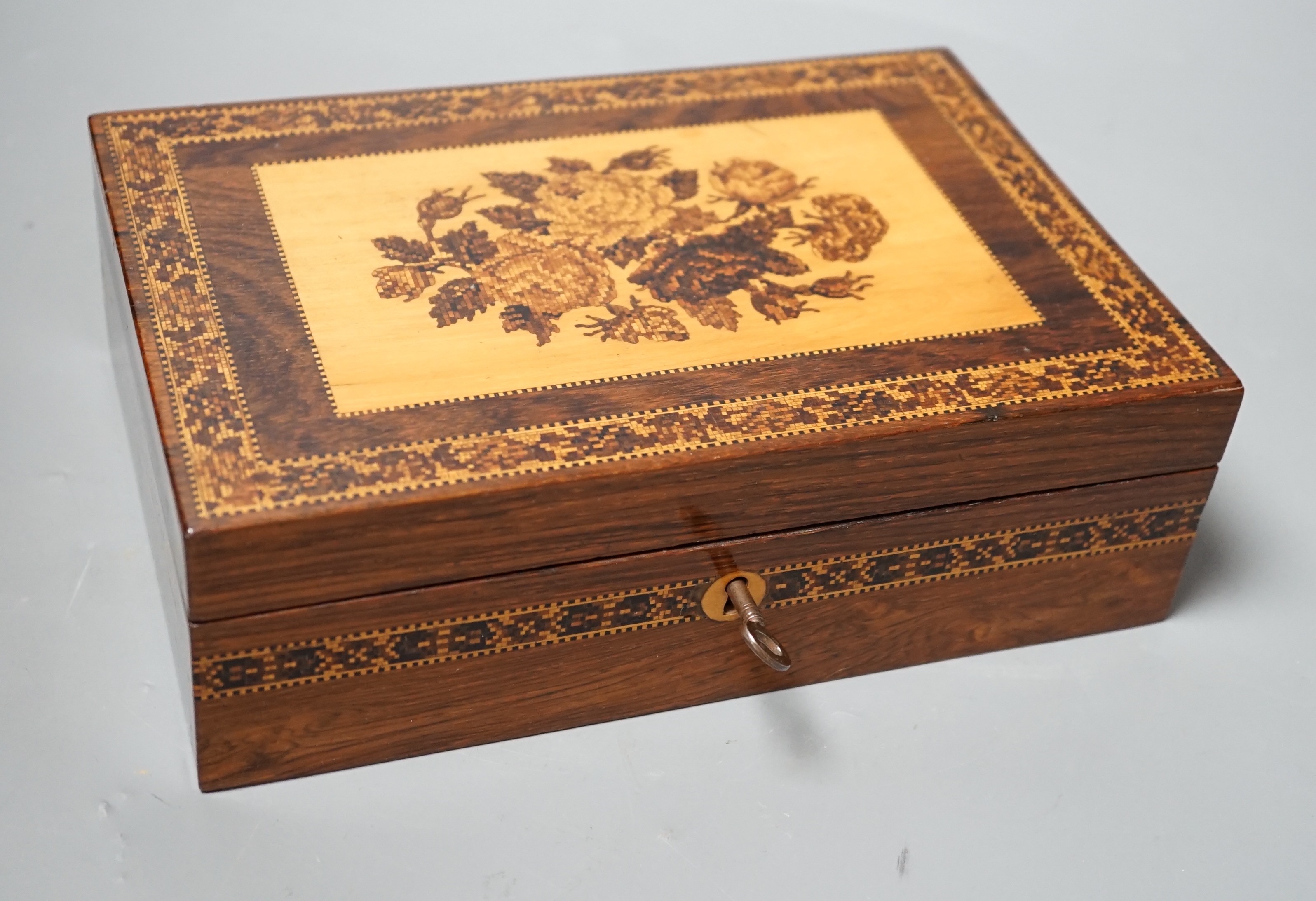 A Tunbridge ware rosewood ‘roses’ box and cover, late 19th century, 22.5cm wide                                                                                                                                             