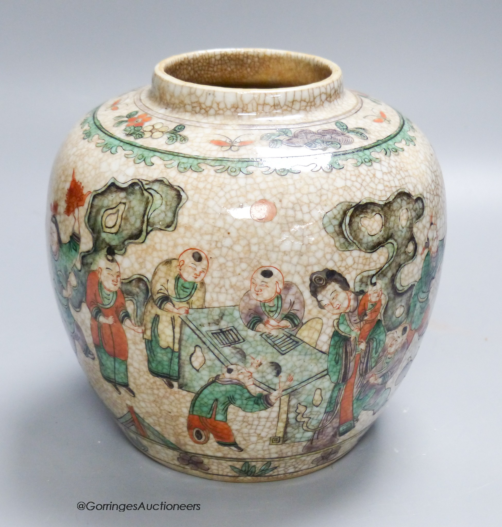 A Chinese famille verte crackle jar, early 20th century, 18cm high                                                                                                                                                          