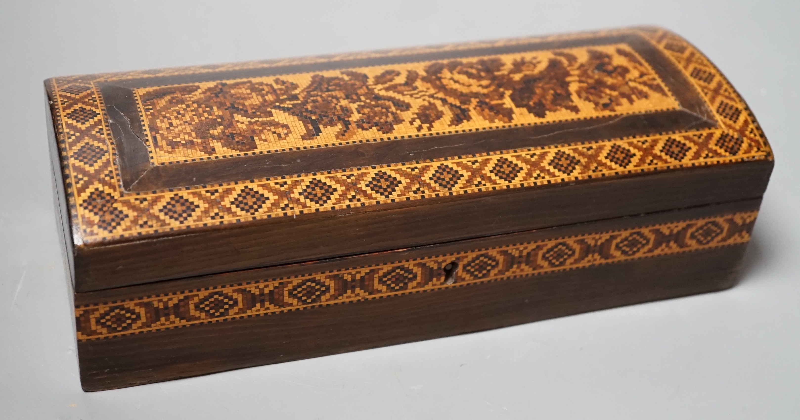 A late 19th century Tunbridge ware rosewood and mosaic dome top glove box, 23cm wide                                                                                                                                        