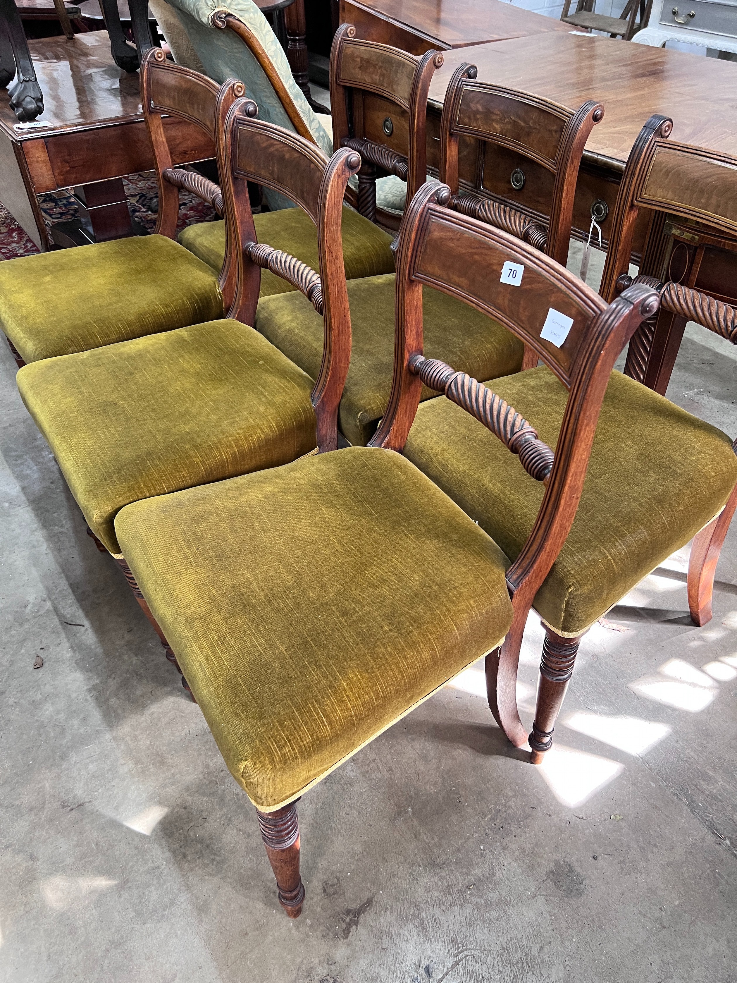 A set of six Regency brass inlaid mahogany dining chairs *Please note the sale commences at 9am.                                                                                                                            