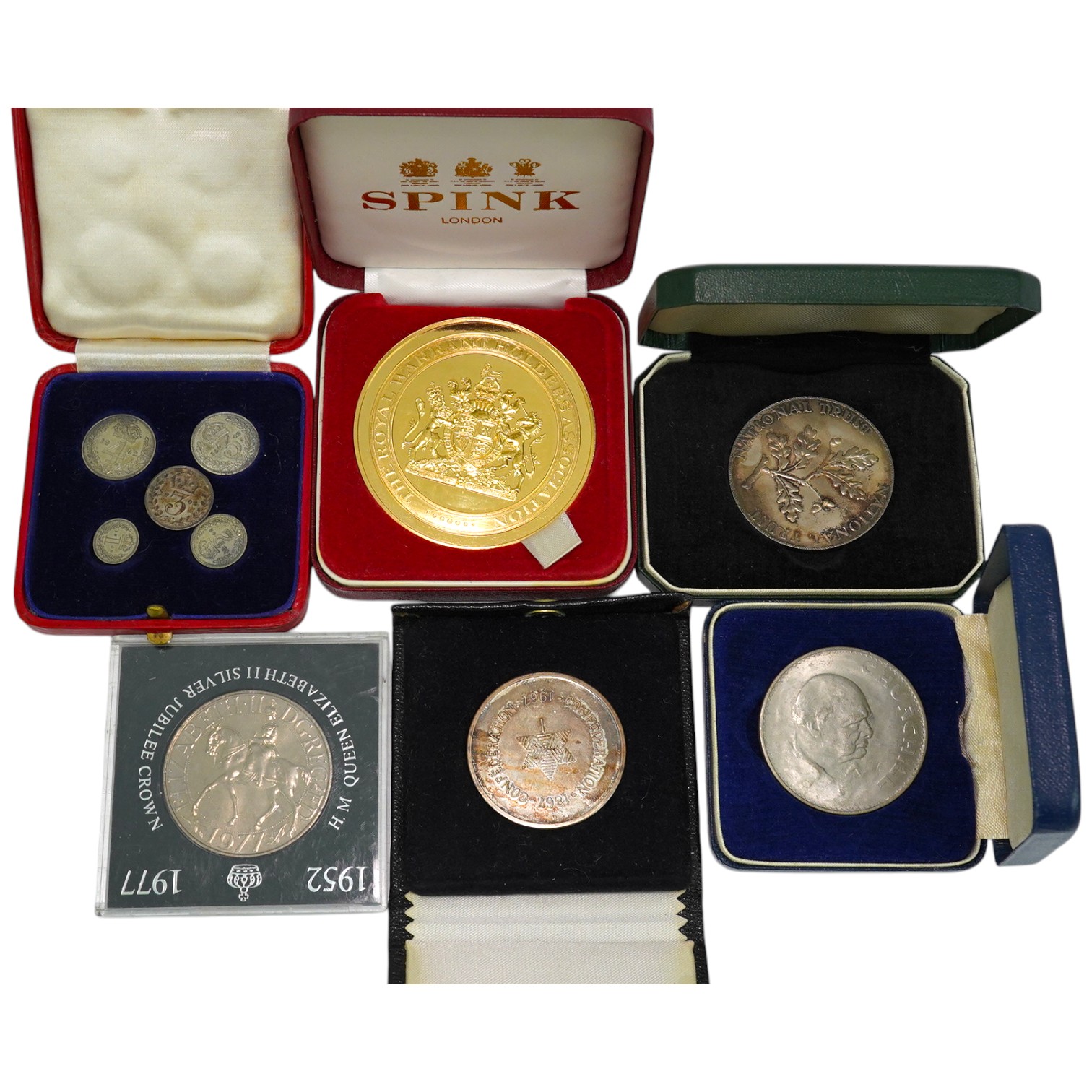 British coins, George VI, Maundy 1d to 4d, 1942, in case of issue, together with a Royal Mint silver national trust medal and other coins or medals                                                                         