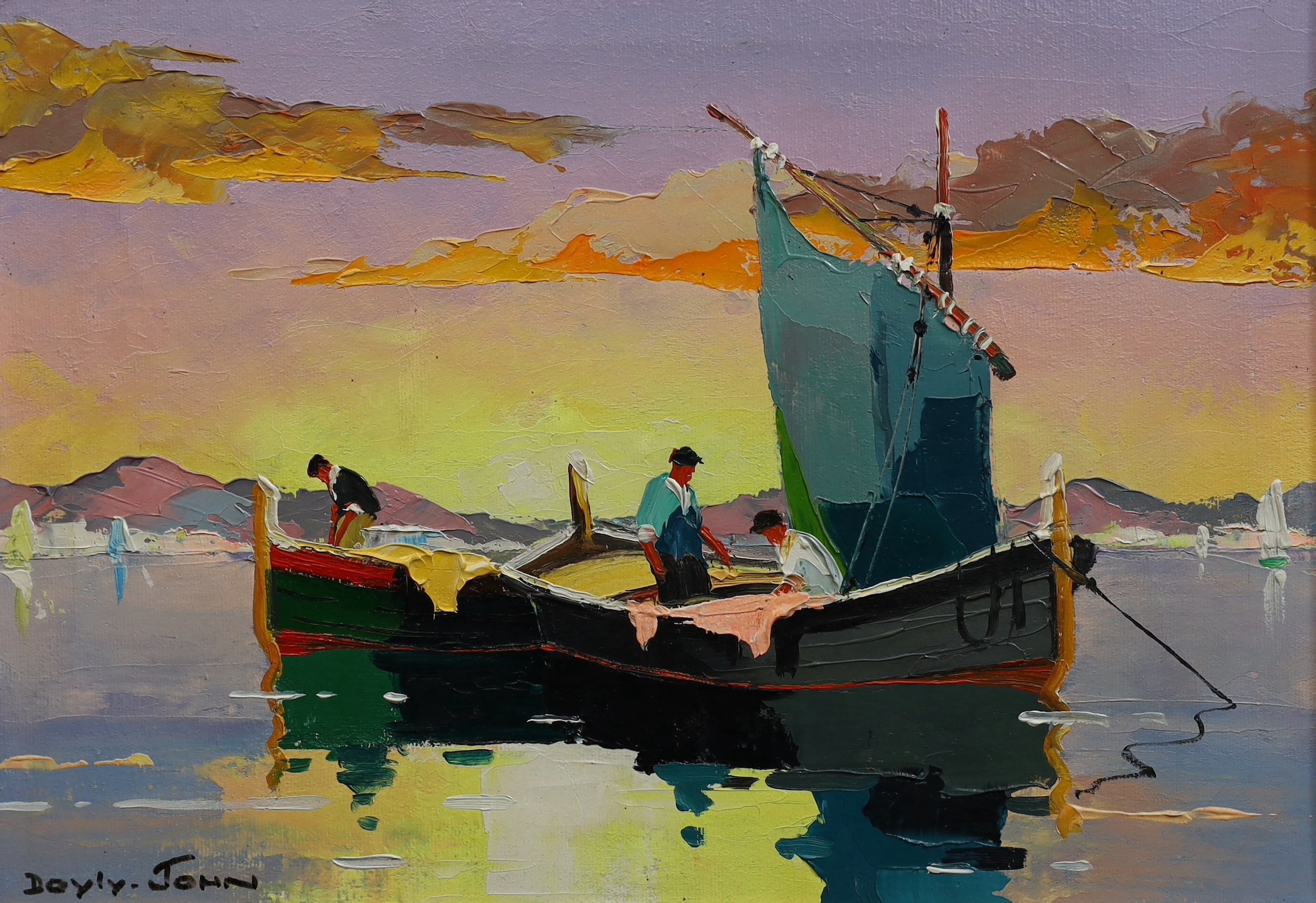 Cecil Rochfort D'Oyly-John (British, 1906-1993), 'Dawn Fishermen off French coast, near St Tropez', oil on canvas, 25 x 35cm                                                                                                