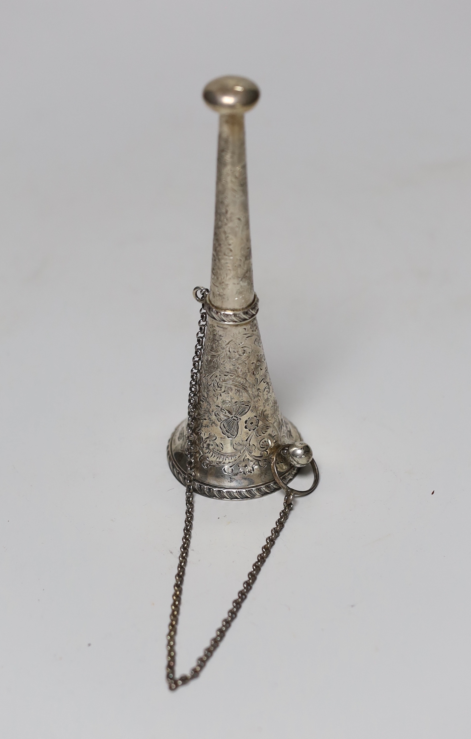 A late Victorian chased silver posy holder, by George Unite, Birmingham, 1899, with later engraved inscription, 14.1cm.                                                                                                     