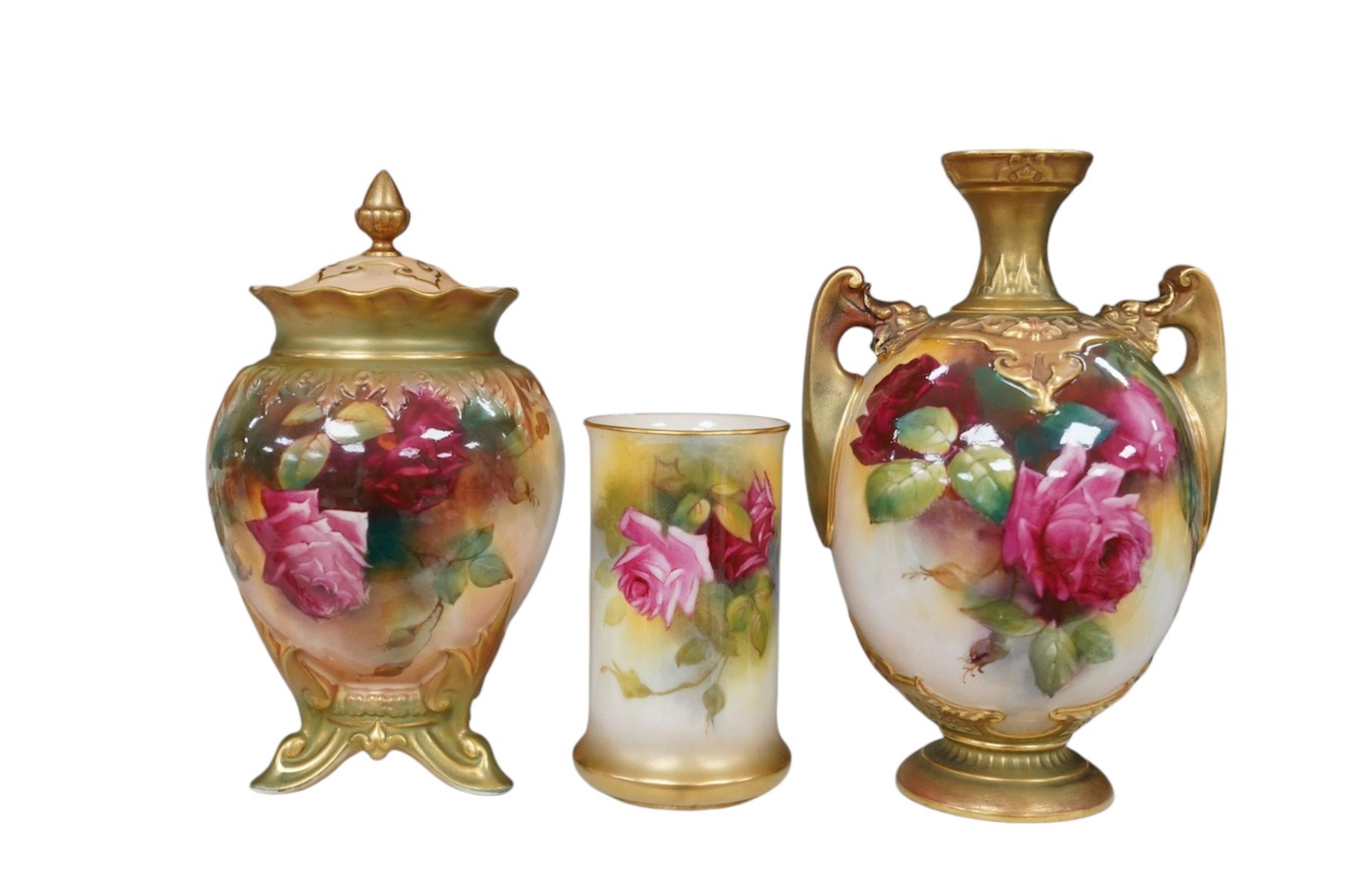 Three Royal Worcester rose painted vases, numbers 1684, 245 and 2510, tallest 18cm. Condition - good                                                                                                                        