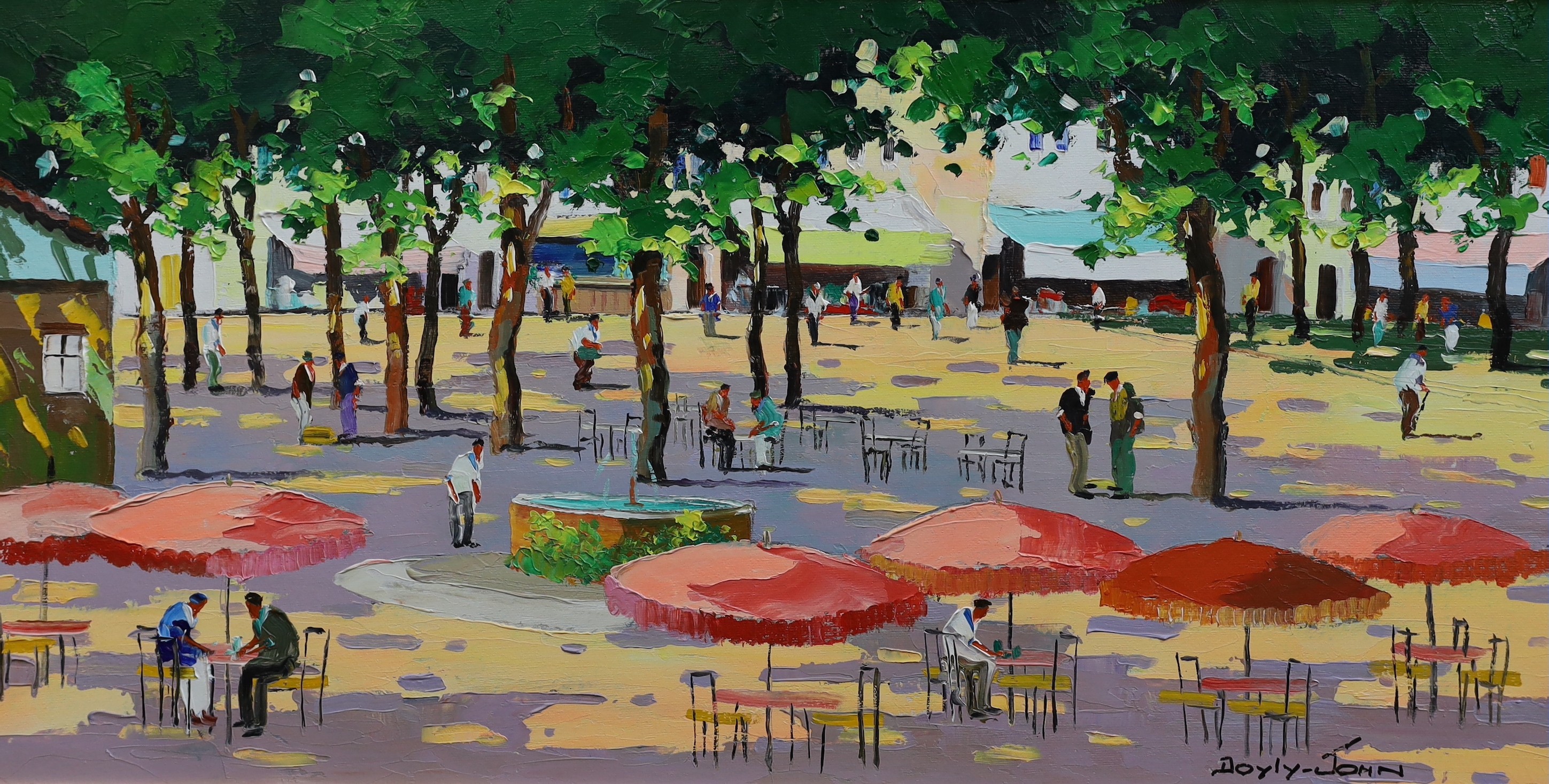 Cecil Rochfort D'Oyly-John (British, 1906-1993), 'Town Square in the South of France', oil on canvas, 35 x 71cm                                                                                                             