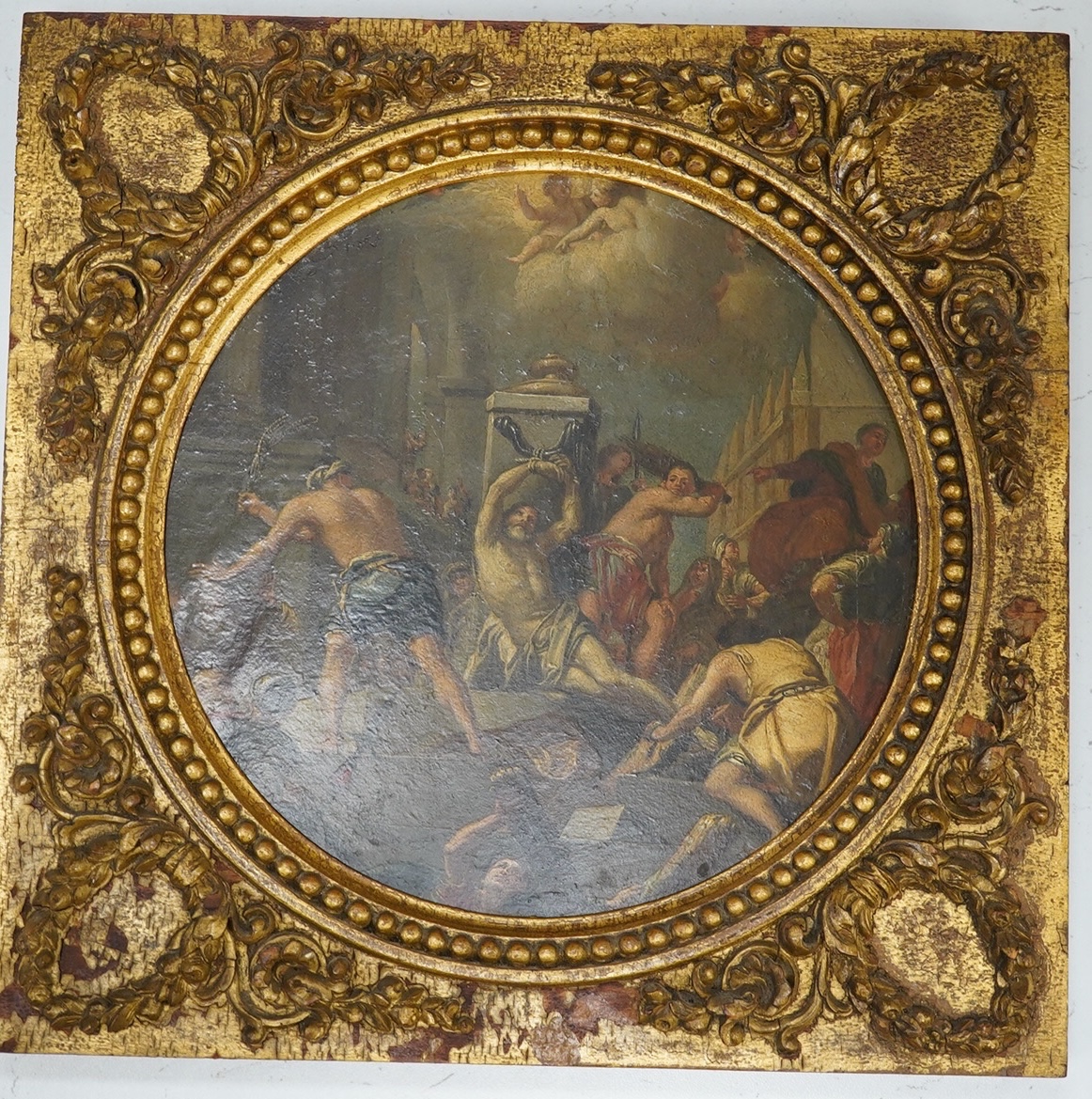 After Domenichino (1581-1641), 18th century, Old Master, tondo oil on copper panel, Religious scene, 18cm diameter, ornate gilt framed. Condition - fair                                                                    