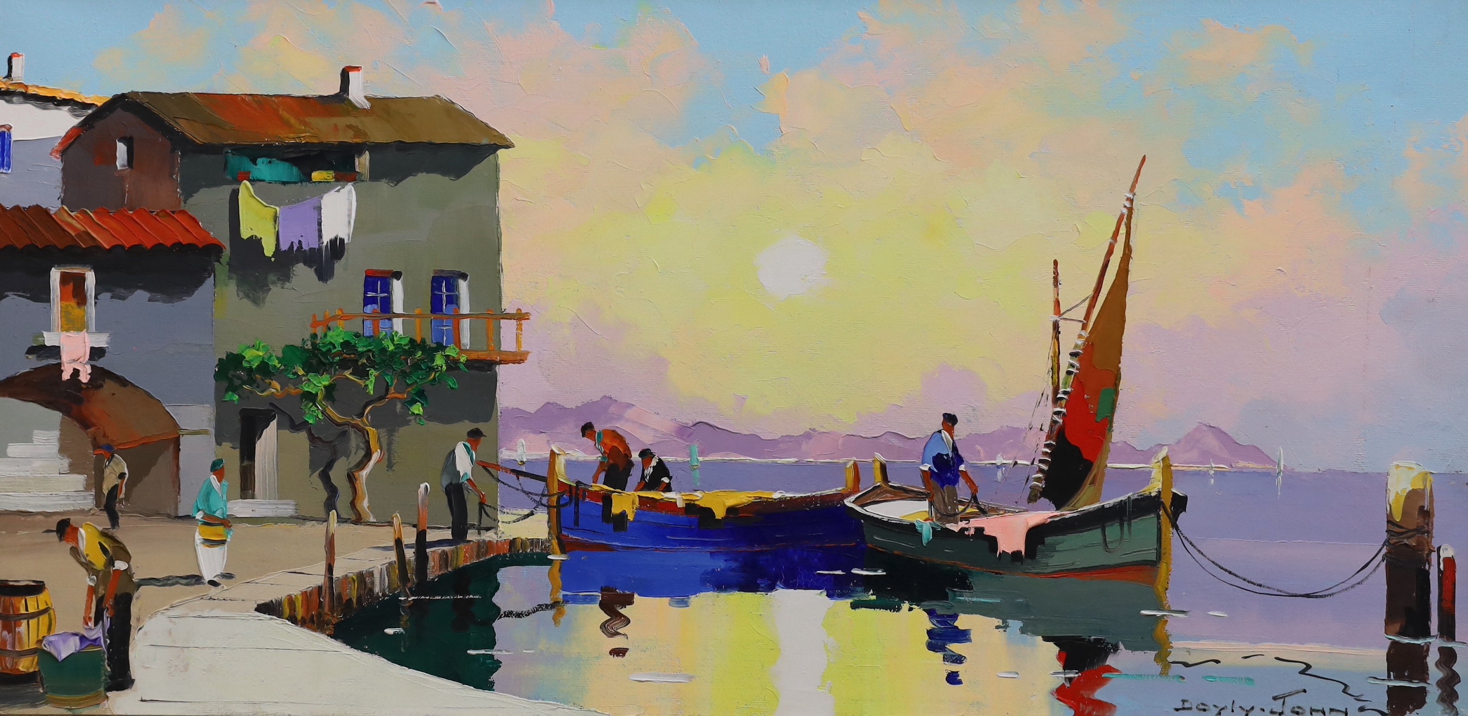 Cecil Rochfort D'Oyly-John (British, 1906-1993), 'Fishing boats in the South of France', oil on canvas, 35 x 71cm                                                                                                           