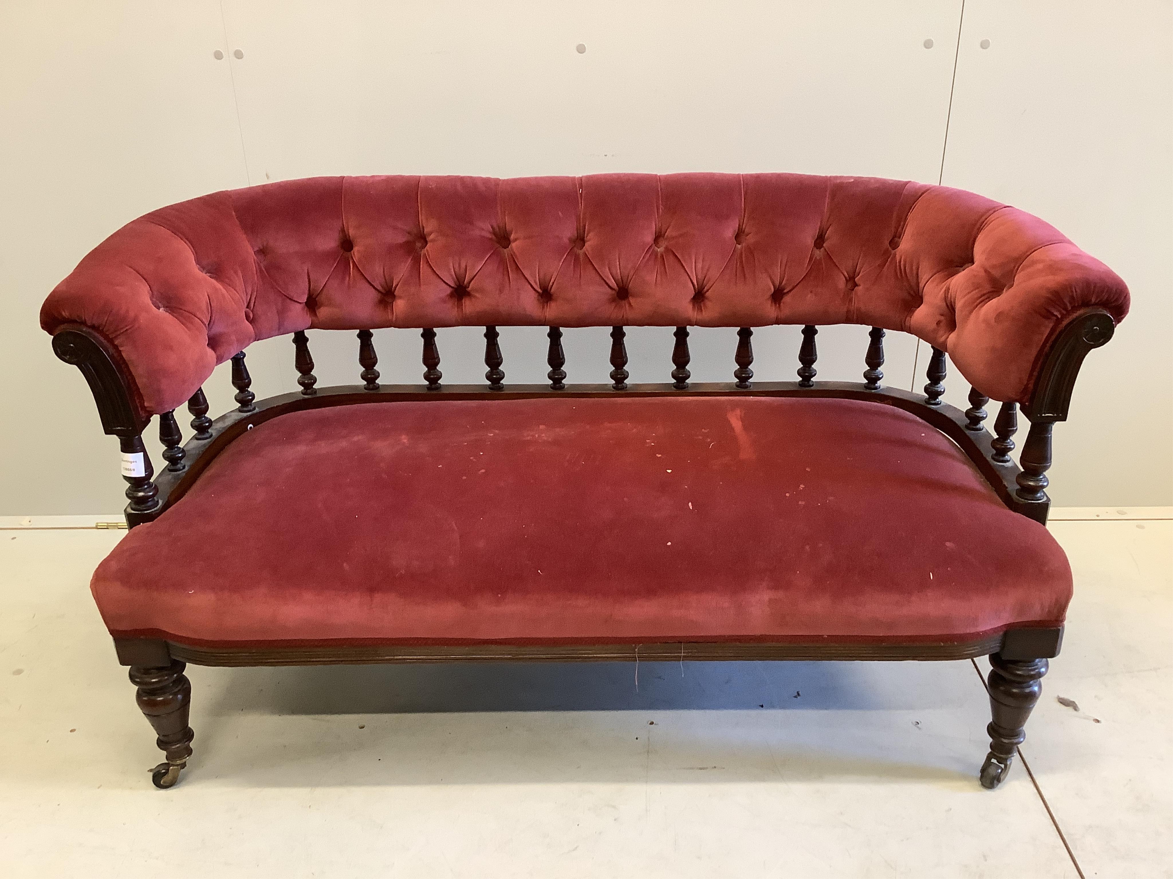 A late Victorian mahogany upholstered settee, width 132cm, depth 56cm, height 70cm                                                                                                                                          