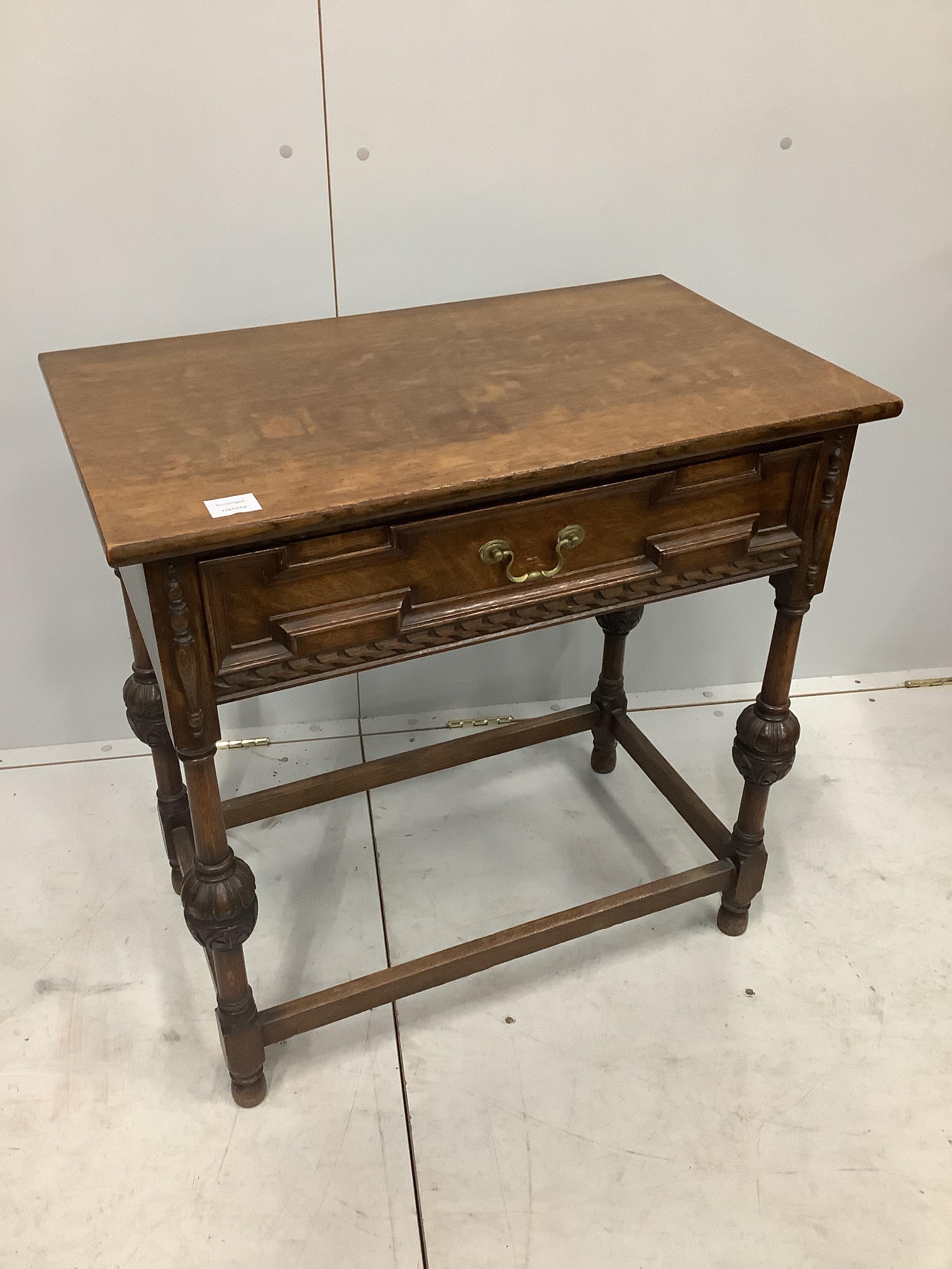 A Jacobean Revival oak side table, width 75cm, depth 45cm, height 76cm                                                                                                                                                      