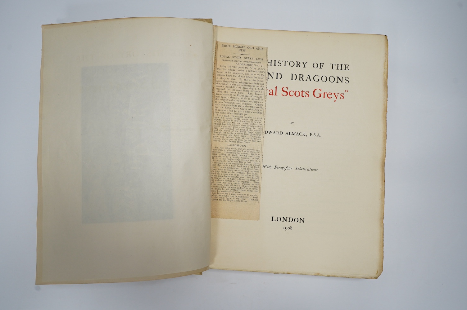 Almack, Edward - The History of the Second Dragoons: "Royal Scots Greys". num. portraits, facsimiles (1 double page) and other plates, subscribers list; original gilt pictorial cloth, gilt top and other edges rough trimm