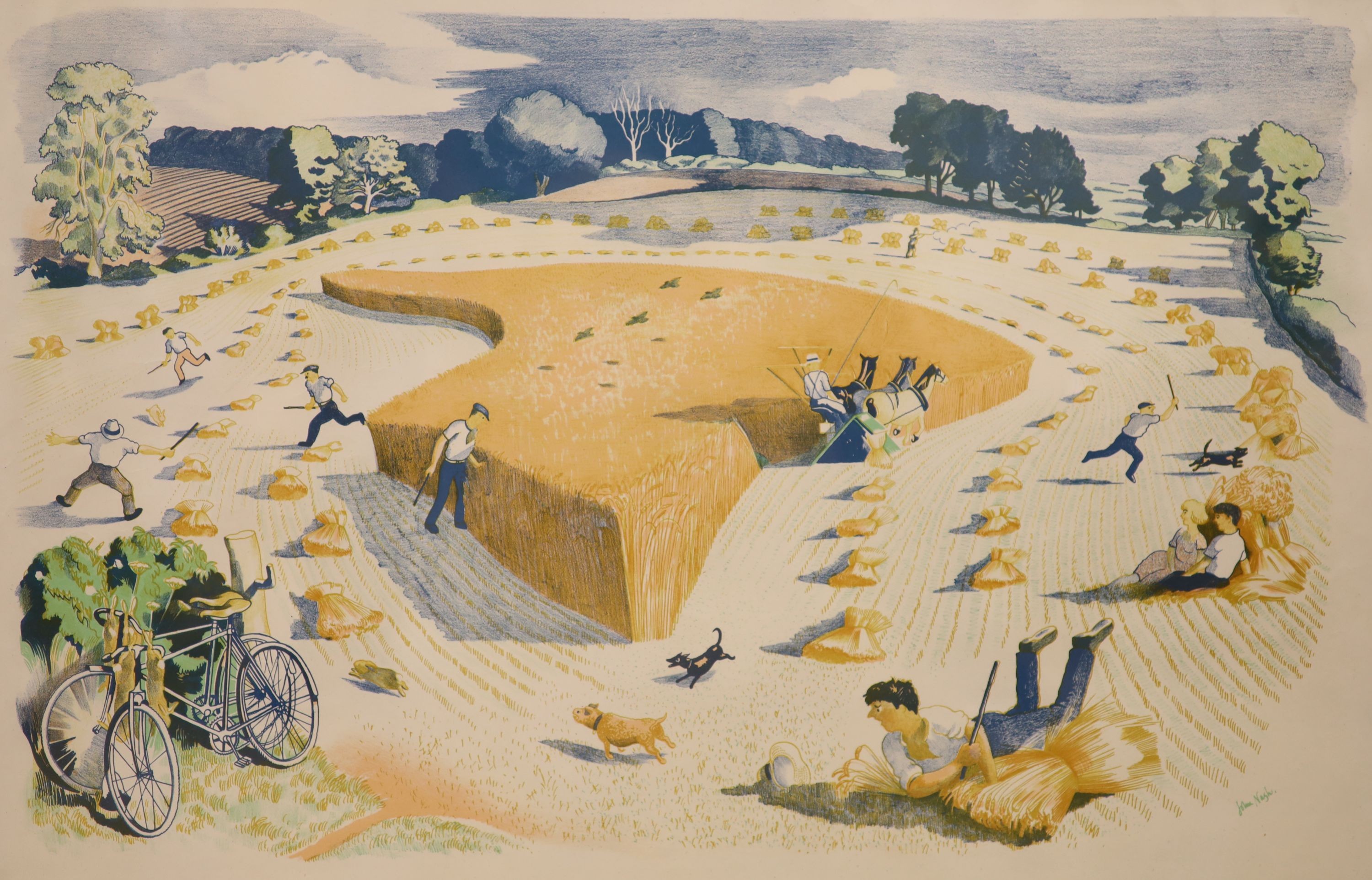 John Nash (1893-1977), School print lithograph, 'Harvesting', S.P. 20, second series, nos 20, Baynard Press, 49.5 x 76cm                                                                                                    