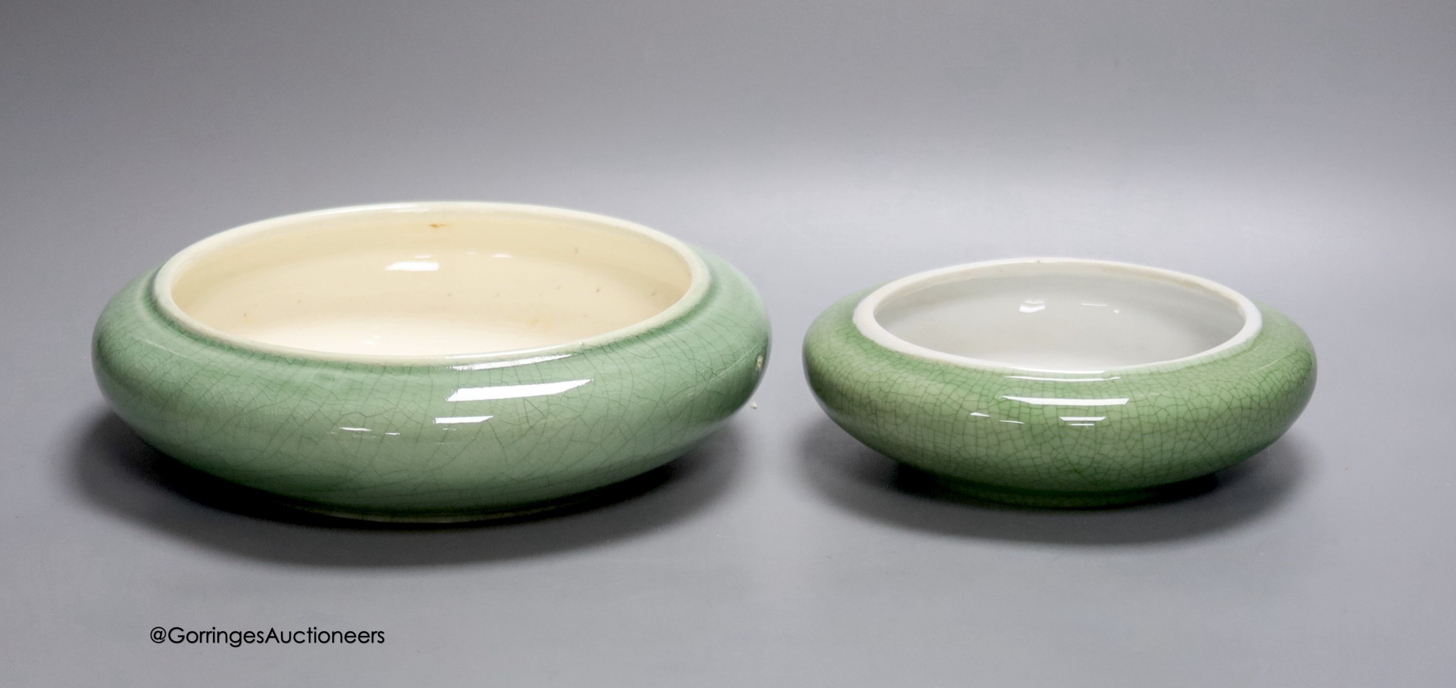 Two celadon crackle glaze brush washers, diameter 21cm                                                                                                                                                                      