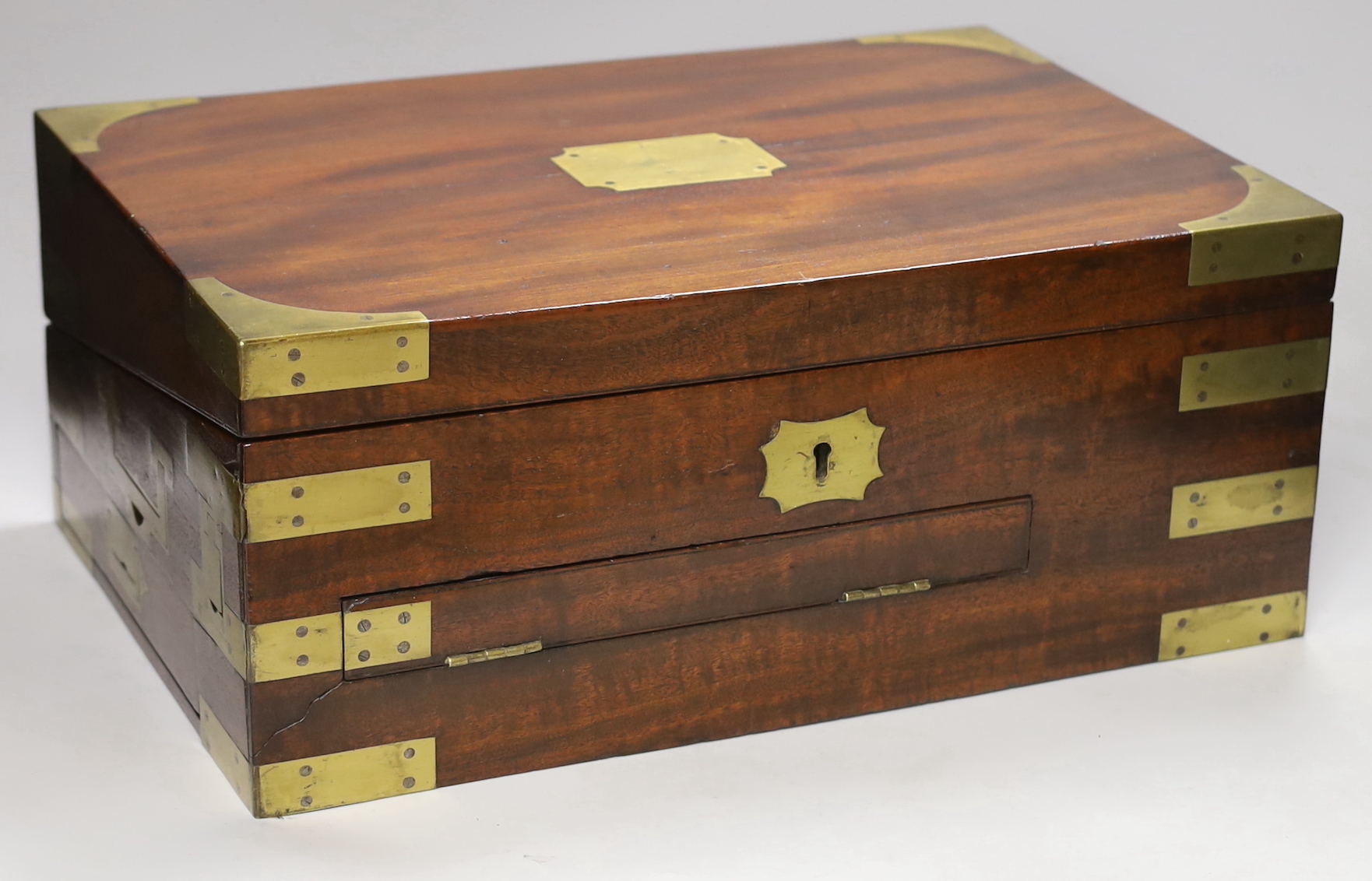 A 19th century brass bound mahogany writing box, 45cm wide                                                                                                                                                                  