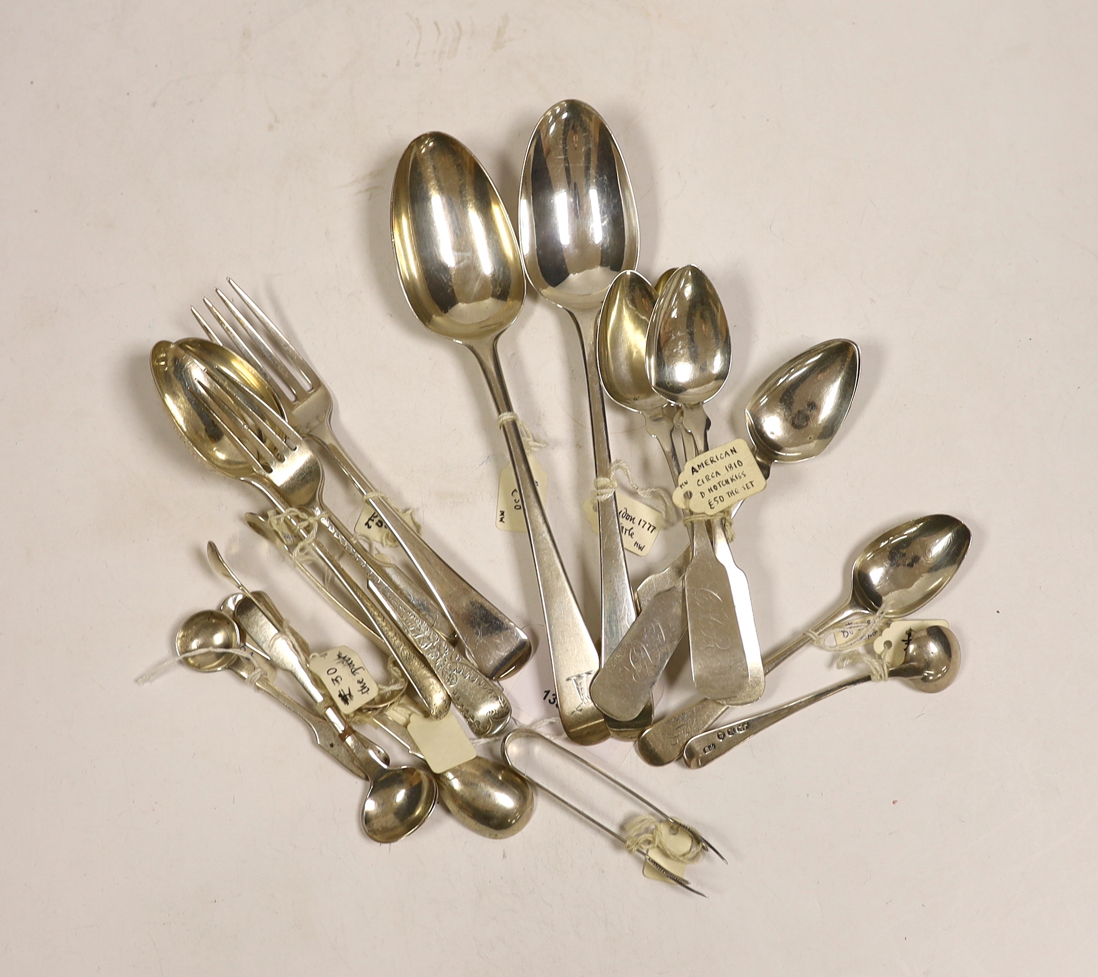 Assorted silver flatware, including a set of five early 19th American fiddle pattern teaspoons by D. Hotchkiss, two George III Old English pattern table spoons, a pair of late Victorian engraved preserve spoons, five var