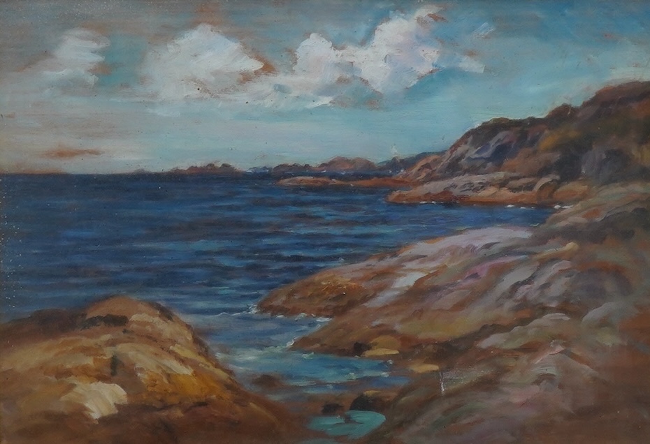 R B Summerson, impressionist oil on board, Coastal view, unsigned, 23 x 33cm, ornate gilt frame. Condition - good                                                                                                           
