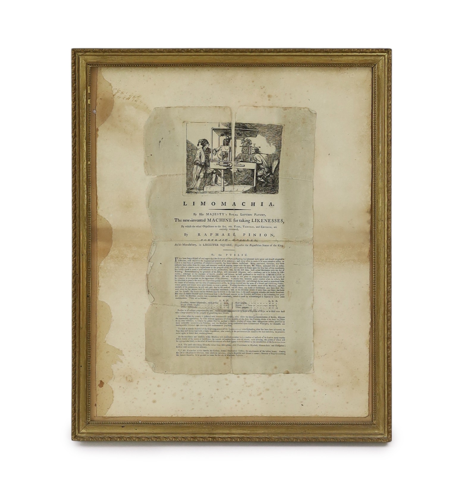 An early printed sheet 'Limomachia, the new invented machine for taking likenesses', by Raphael Pinion, 40 x 26cm                                                                                                           