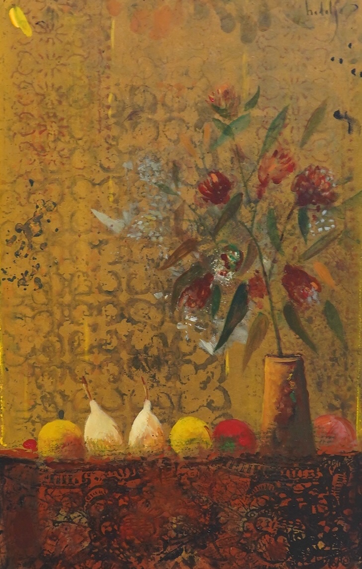Hidalgo, Continental mixed media and oil on board, Still life of flowers and fruit, signed, inscribed verso, 53 x 34cm, housed in ebonised frame. Condition - fair to good                                                  