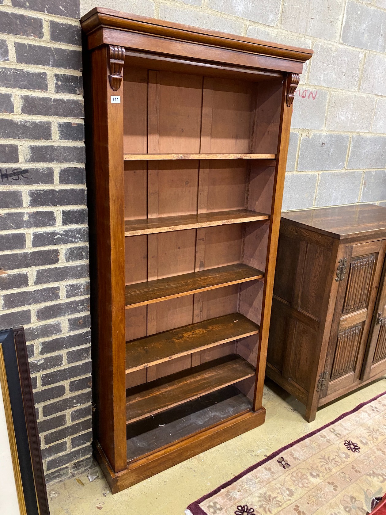 A late Victorian mahogany open bookcase, length 95cm, depth 30cm, height 193cm                                                                                                                                              