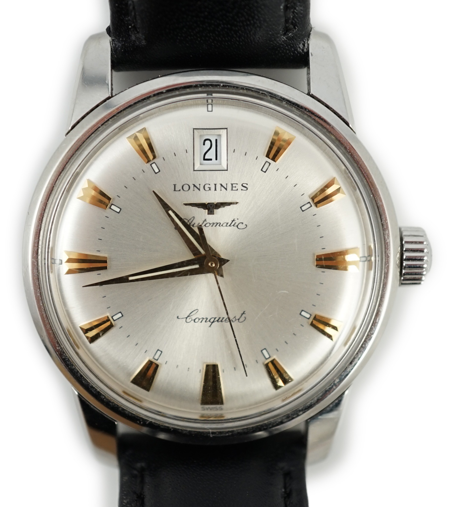 A gentleman's steel and enamel Longines Conquest Automatic wrist watch, with date aperture, case diameter 36mm, on a later associated leather strap.                                                                        