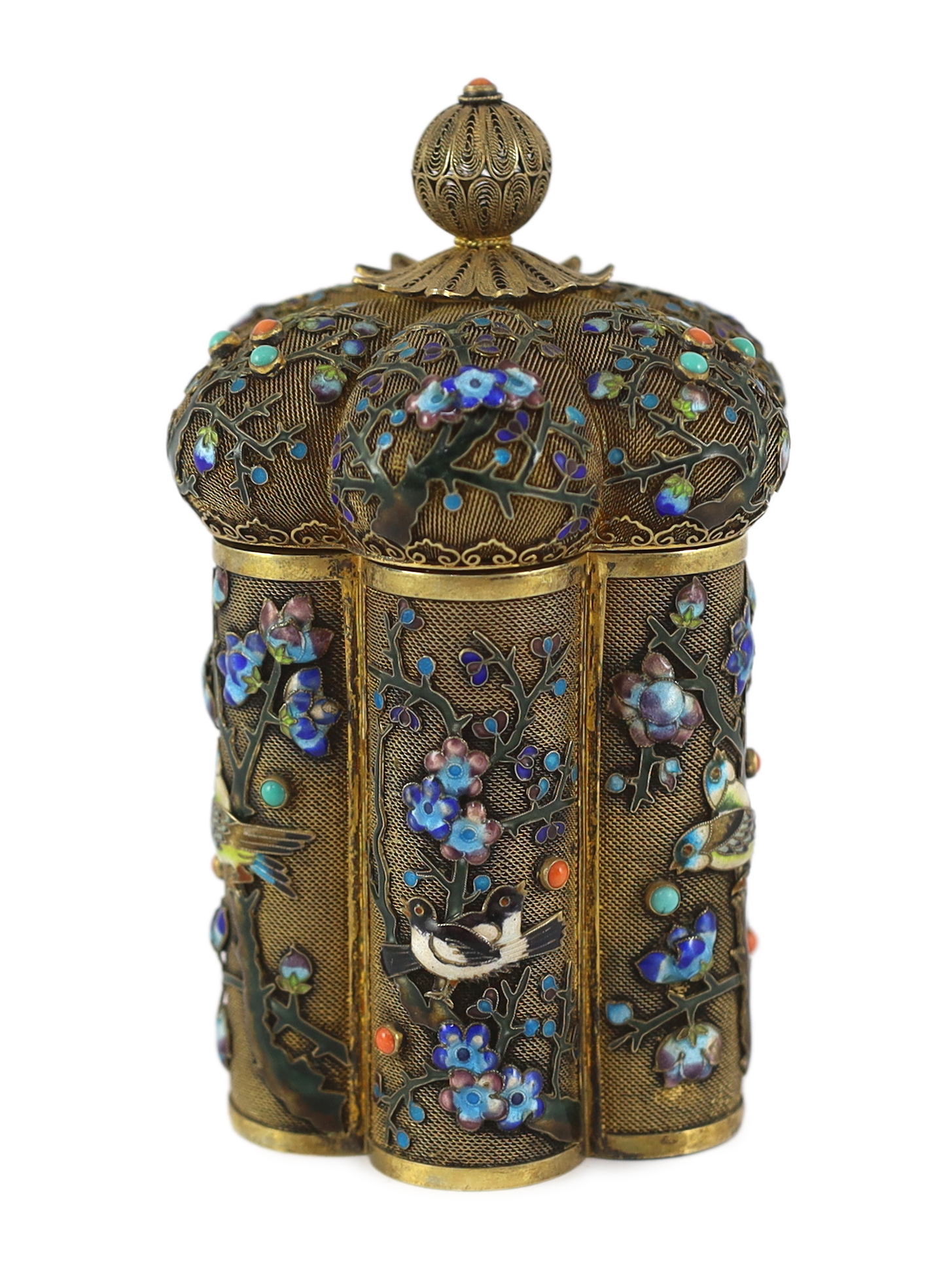 A Chinese silver gilt and enamel jar and cover, mid 20th century                                                                                                                                                            