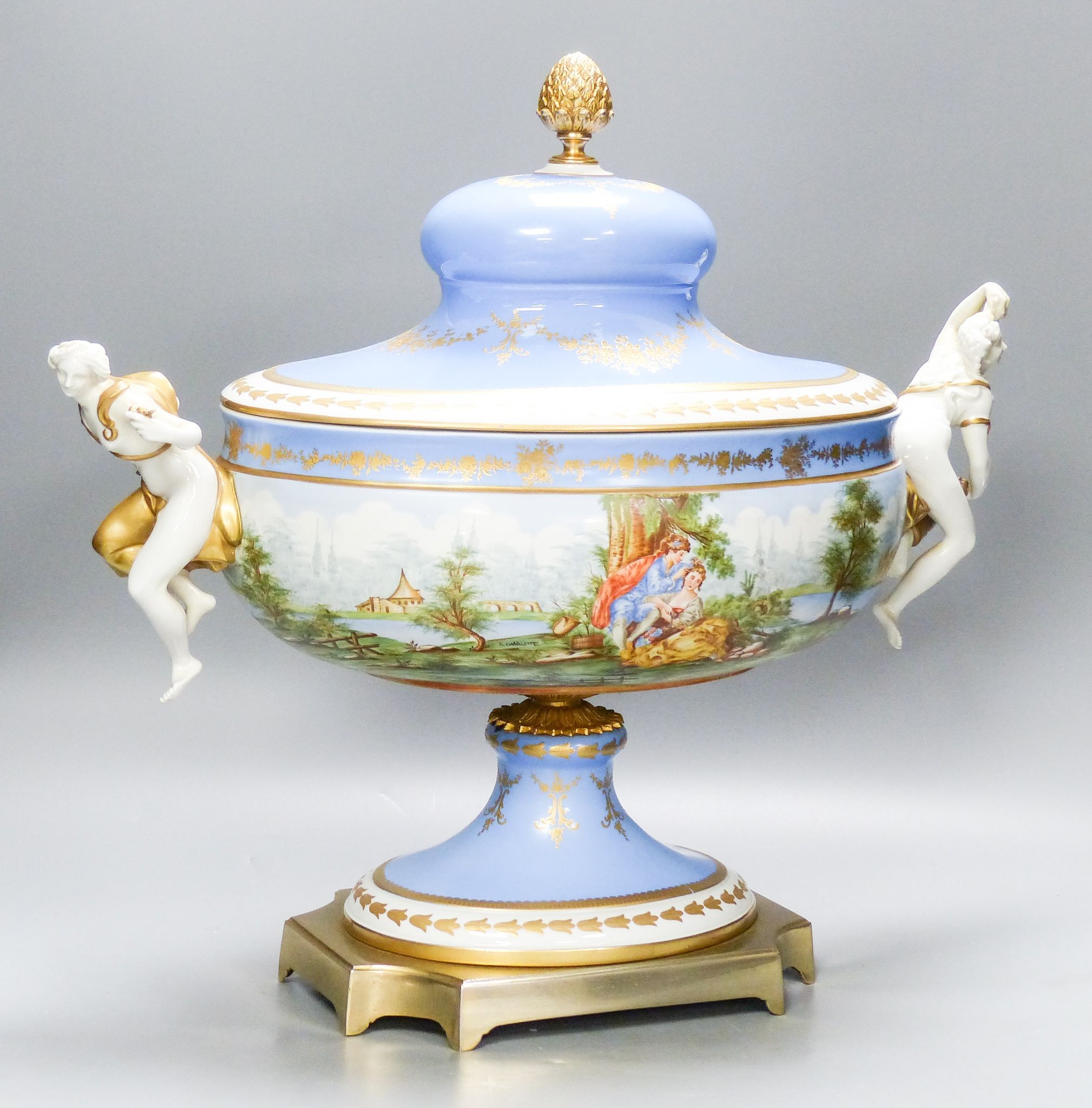 A large 20th century Sevres style porcelain and brass mounted pedestal vase and cover, 49 cm wide                                                                                                                           