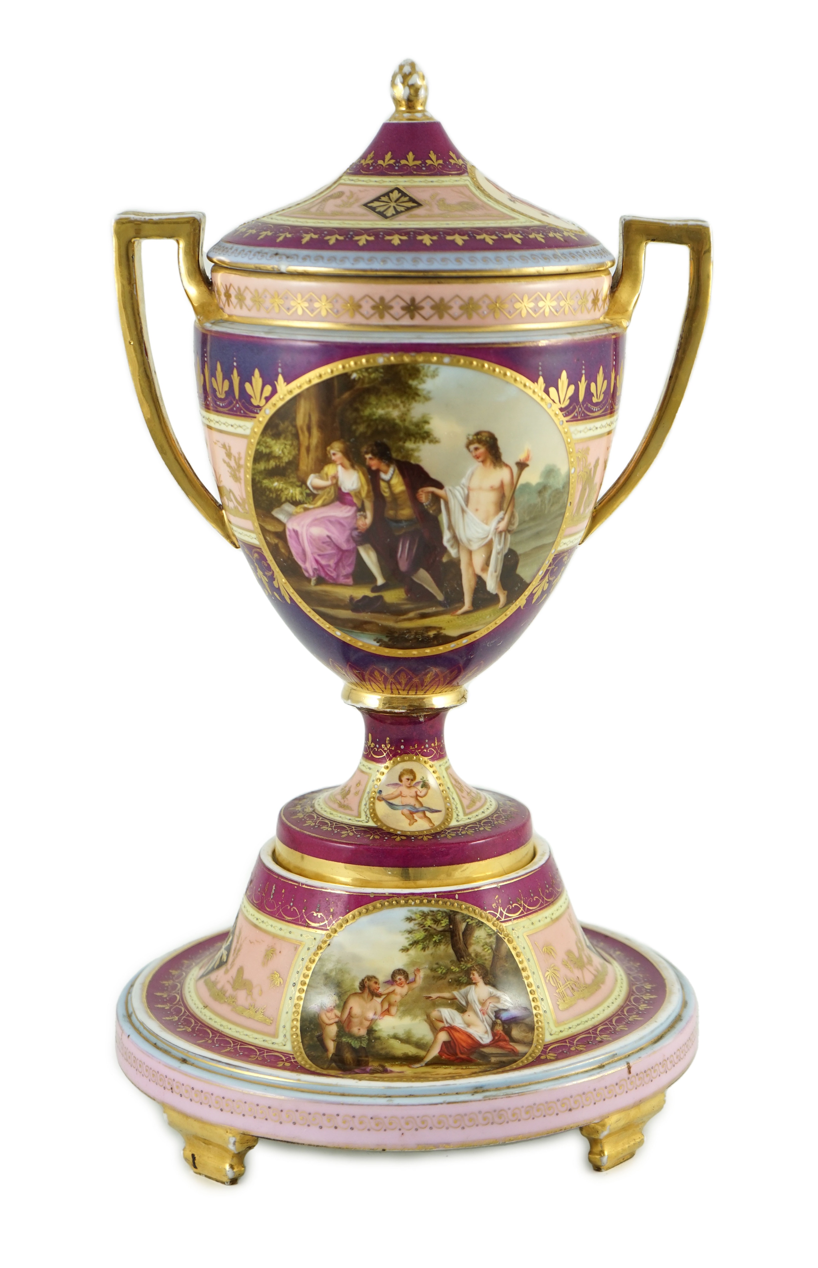 A Vienna style porcelain two handled cup, cover and stand, late 19th century, 42 cm high                                                                                                                                    