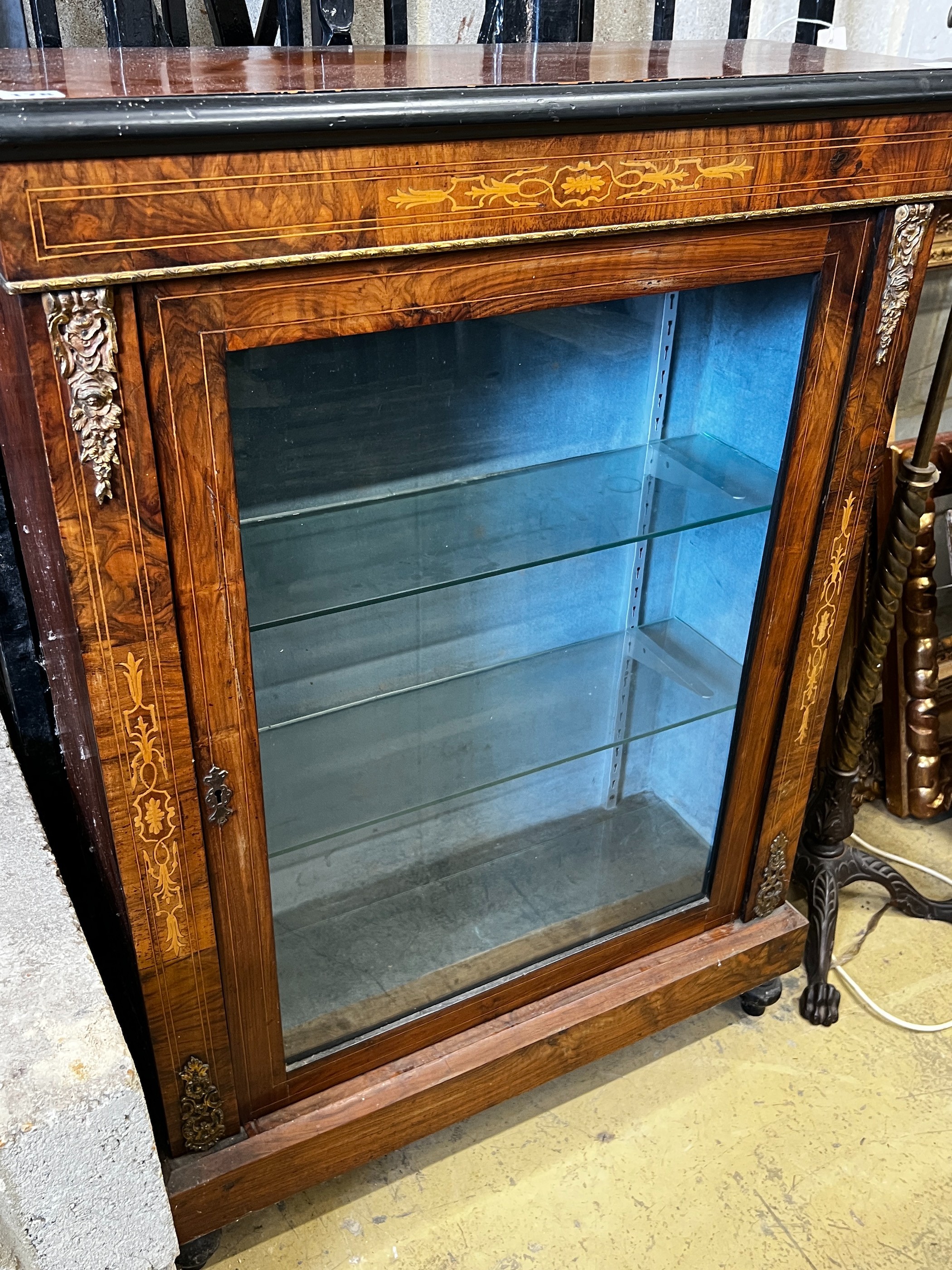 A Victorian marquetry inlaid gilt metal mounted walnut pier cabinet, width 75cm, depth 28cm, height 106cm                                                                                                                   