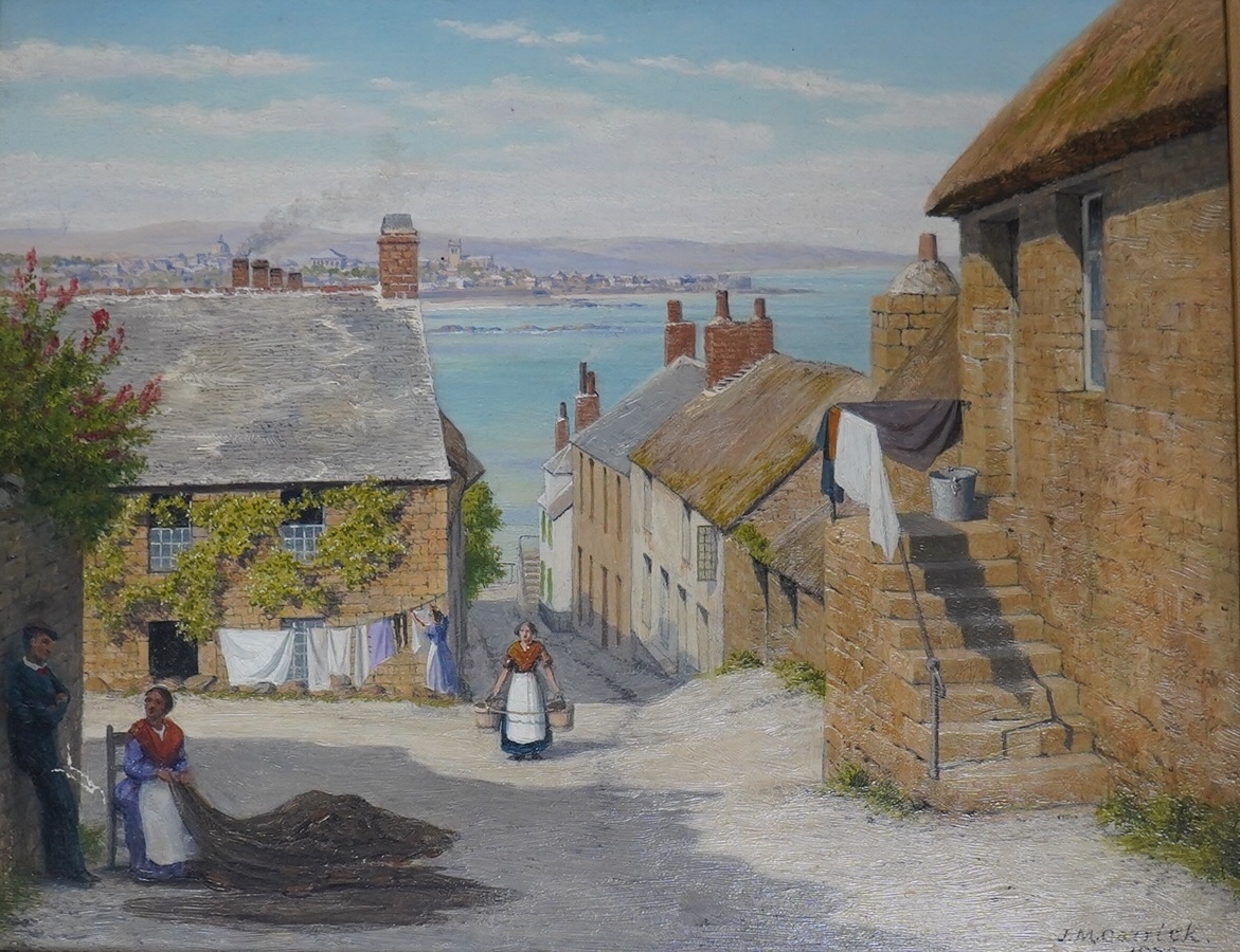 John Mulcaster Carrick (1833-1896), oil on board, Cornish village street scene, signed and dated 1878, 19 x 24.5cm, ornate gilt frame. Condition - good                                                                     