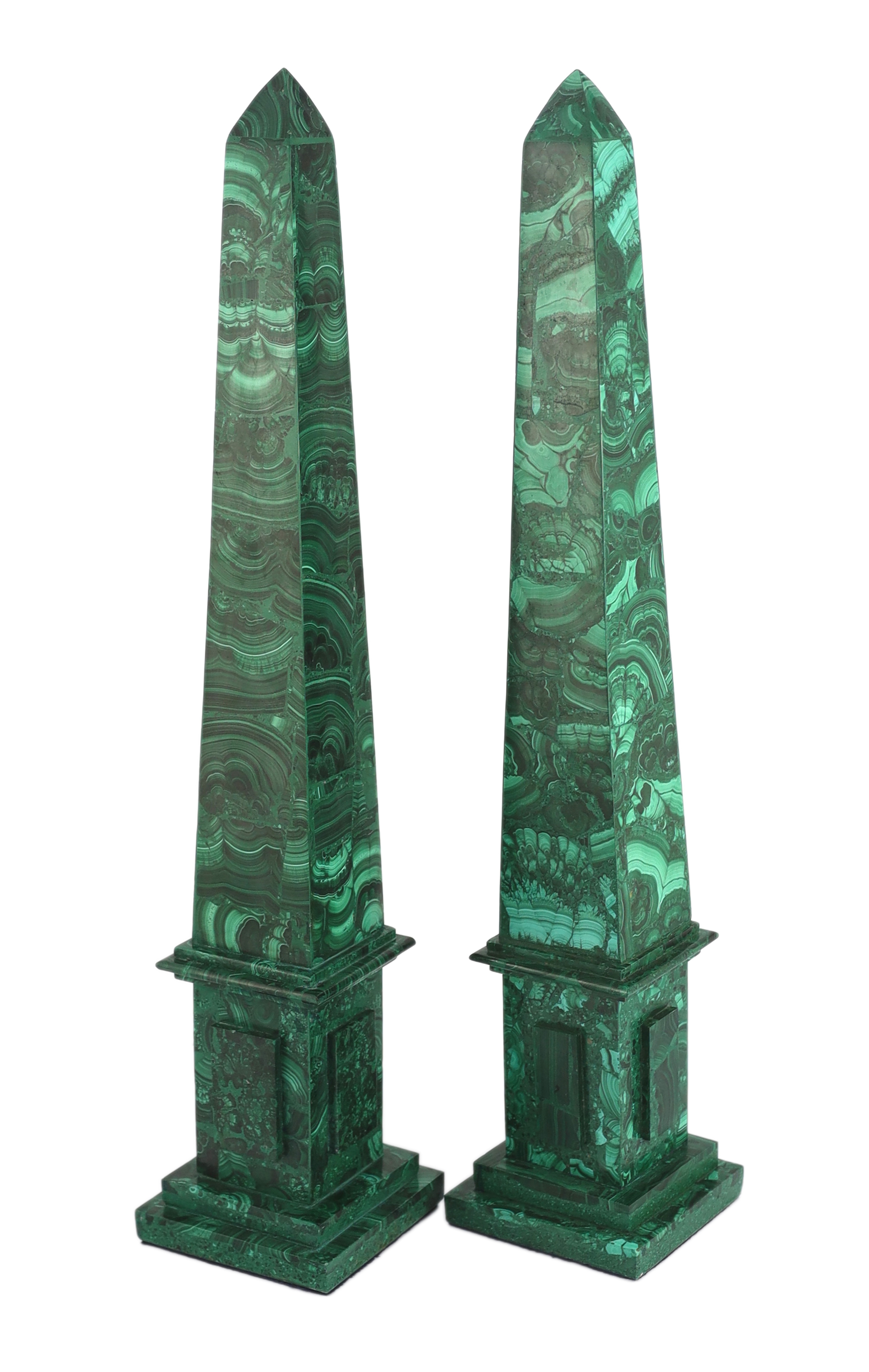 A pair of malachite veneered obelisks 12 x 12cm, 60cm high                                                                                                                                                                  