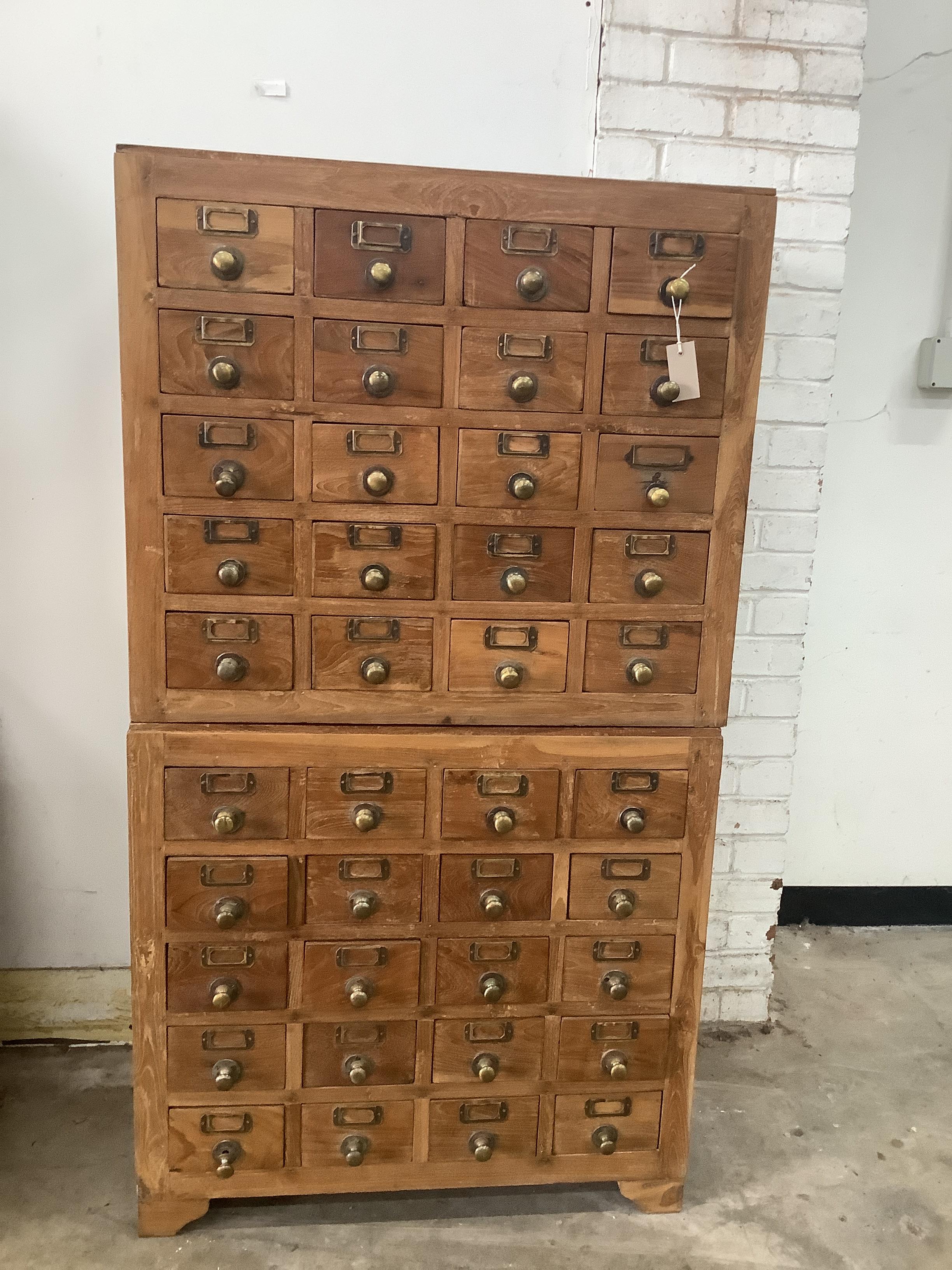 A brass mounted 40 drawer hardwood two part filing chest, width 80cm, depth 45cm, height 147cm                                                                                                                              