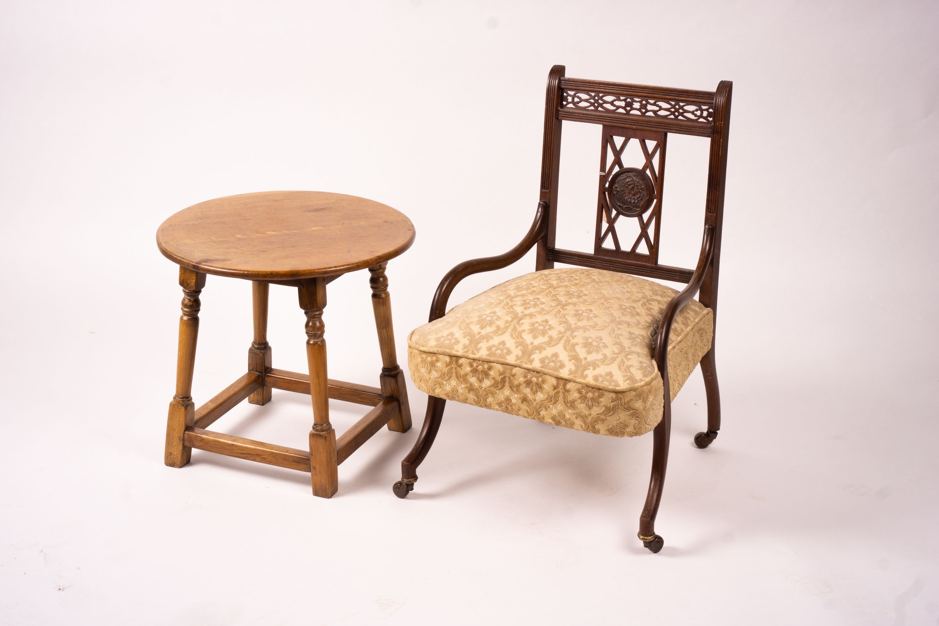 A Victorian salon chair, a Victorian side chair, square oak occasional table and a circular table                                                                                                                           