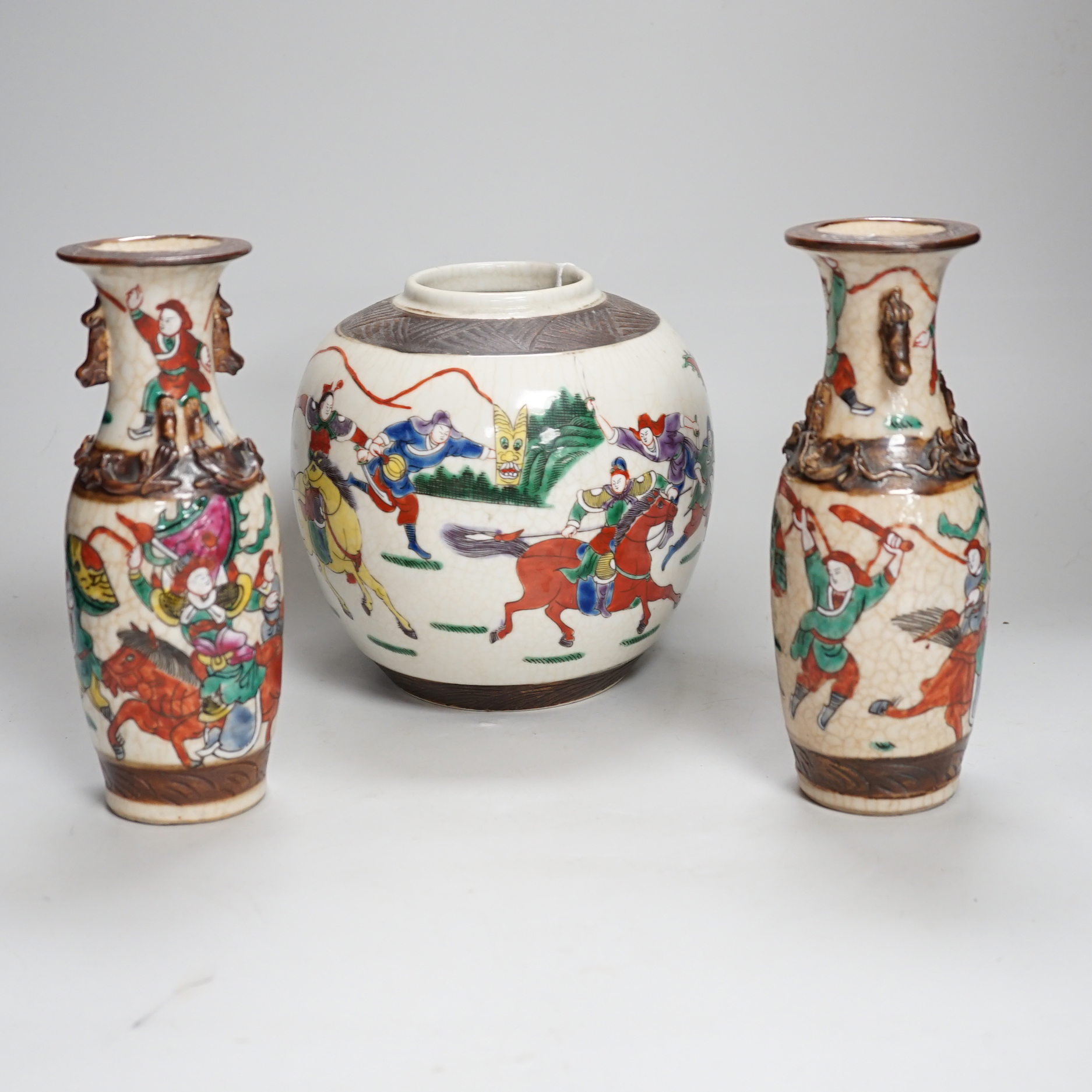 A pair of Chinese crackleware vases and Satsuma ginger jar, largest each 20cm high                                                                                                                                          