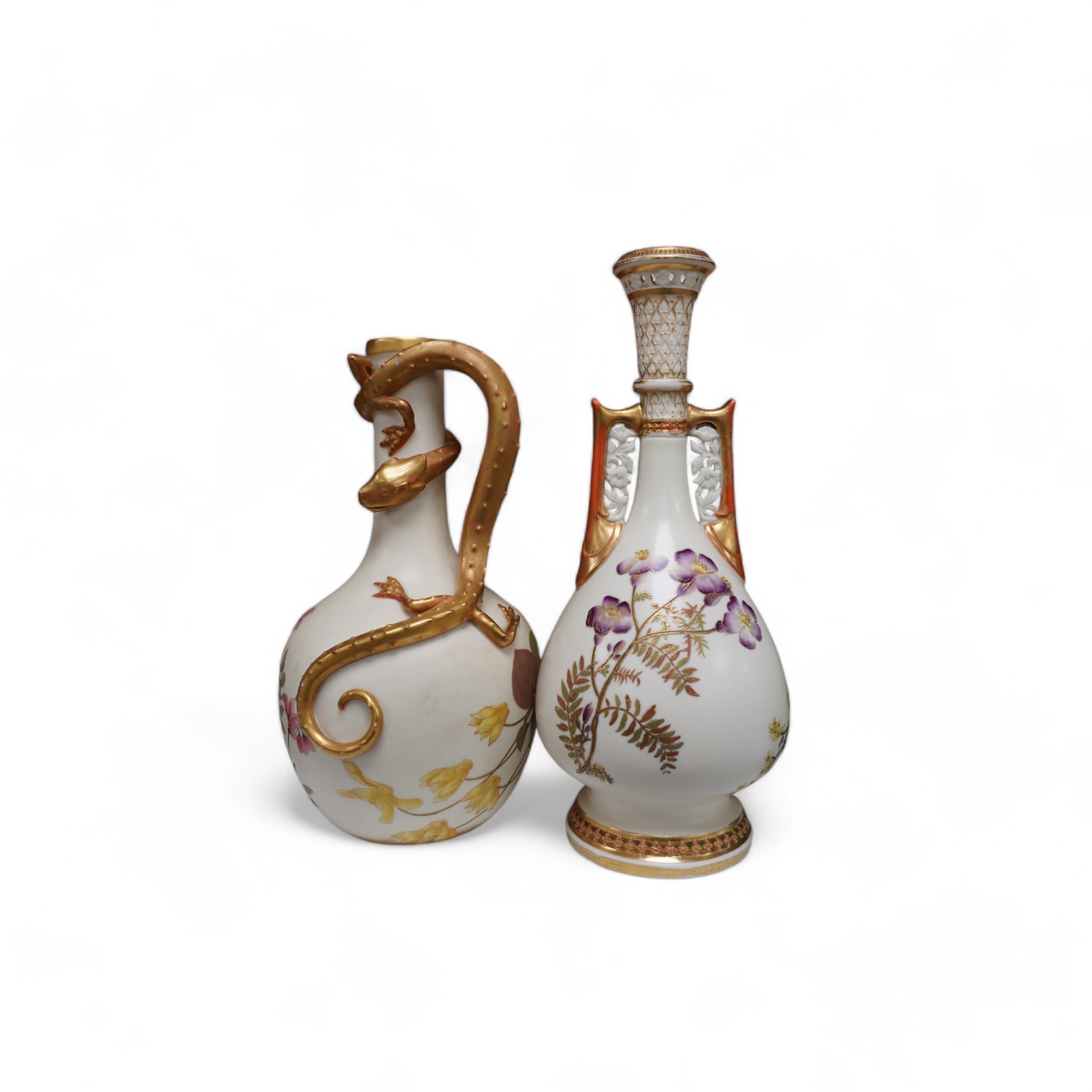 Two Worcester ivory ground vases, shape numbers 942 and 260, tallest 25.5cm. Condition - poor to fair, crack through dragons body at the highest point, wear to gilding of both pieces                                      