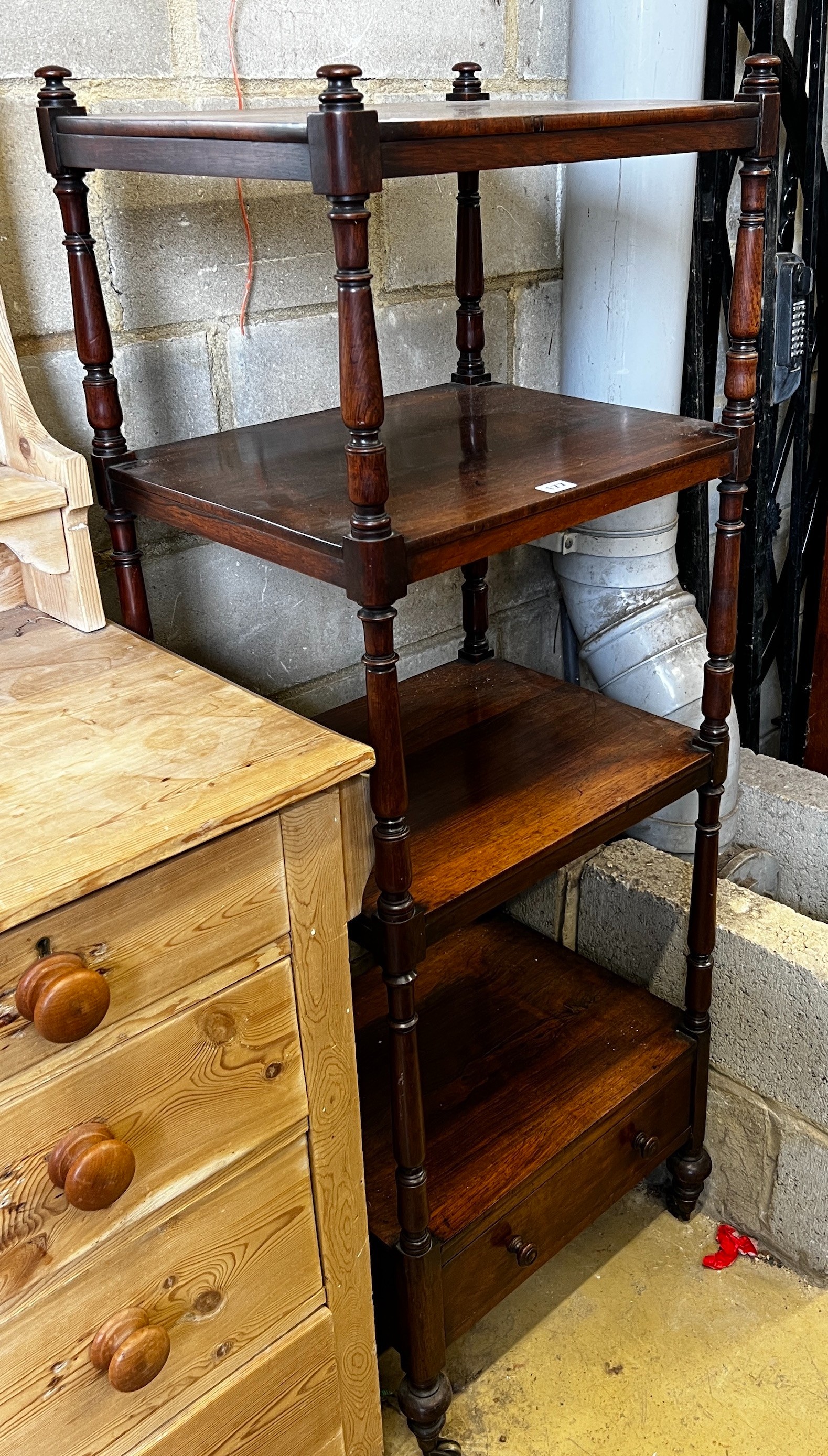 An early Victorian rosewood four tier whatnot, width 50cm, depth 40cm, height 140cm                                                                                                                                         