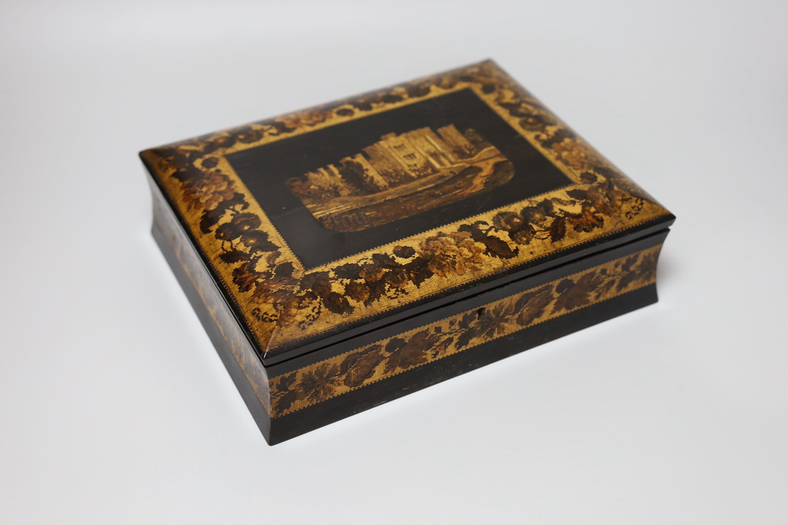 A Victorian Tunbridge Ware ebony 'Hever Castle' sewing box, 27cm wide                                                                                                                                                       