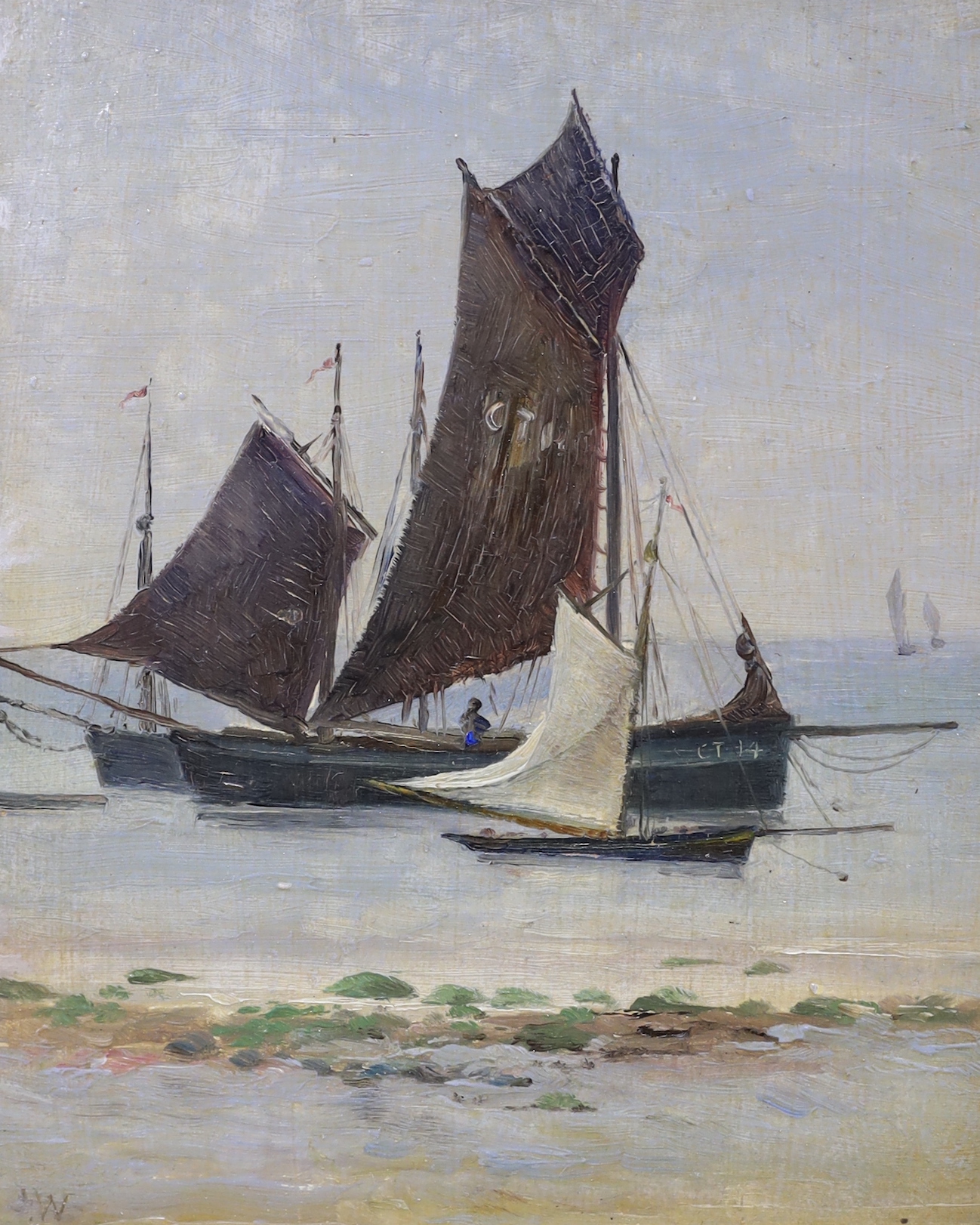 John White RI (1851-1933) oil on board, boats by the shore, initials of JW, 19 x 16 cm                                                                                                                                      