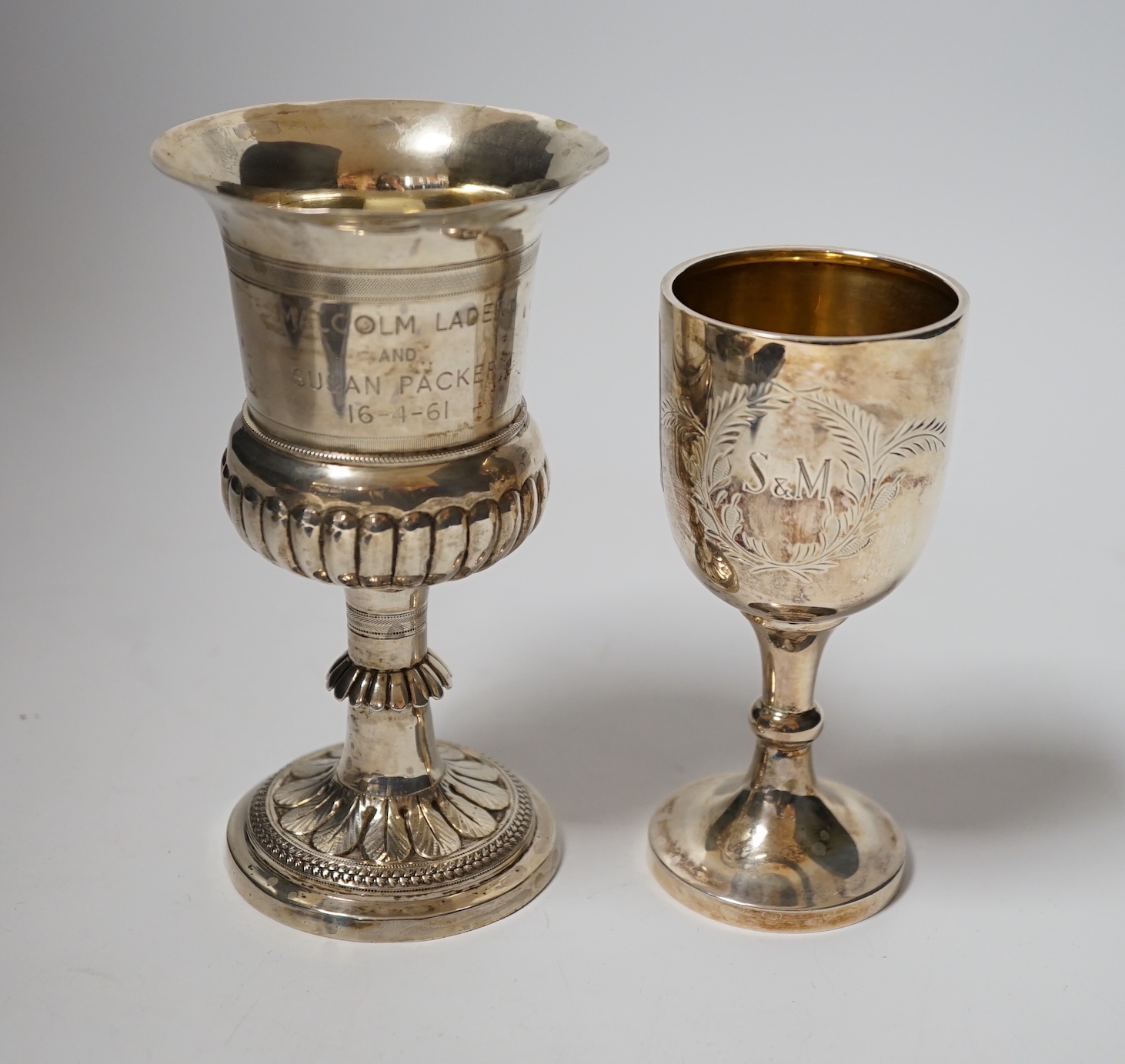 A small modern silver goblet, 11.2cm. and one other larger white metal goblet.                                                                                                                                              