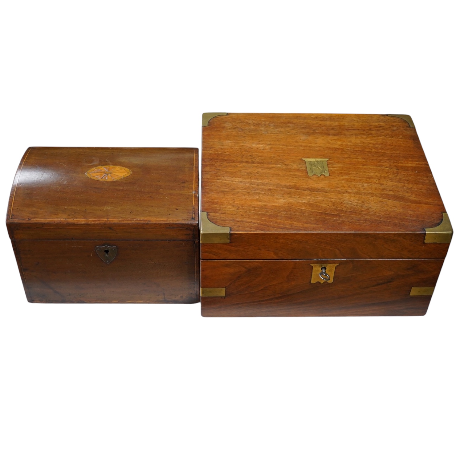 A Victorian brass bound walnut writing box and a mahogany tea caddy, largest 27cm wide. Condition - fair to good                                                                                                            